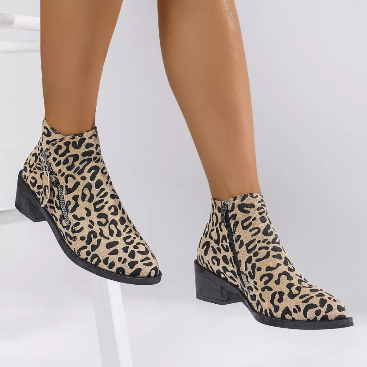 Leopard Block Heel Ankle Boots