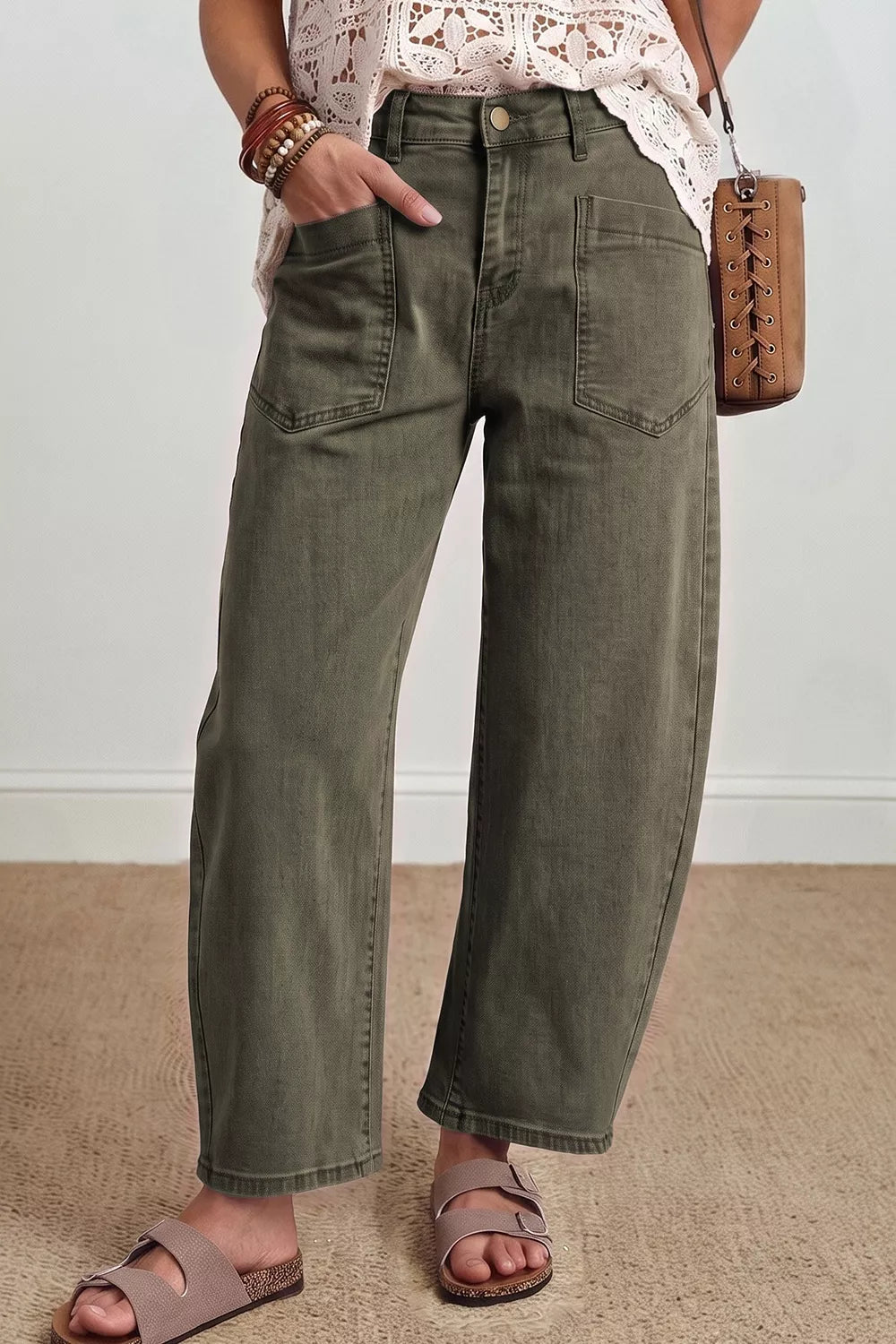 Four Leaf Clover Solid Color Square Patch Pocket Ankle-length Barrel Jeans