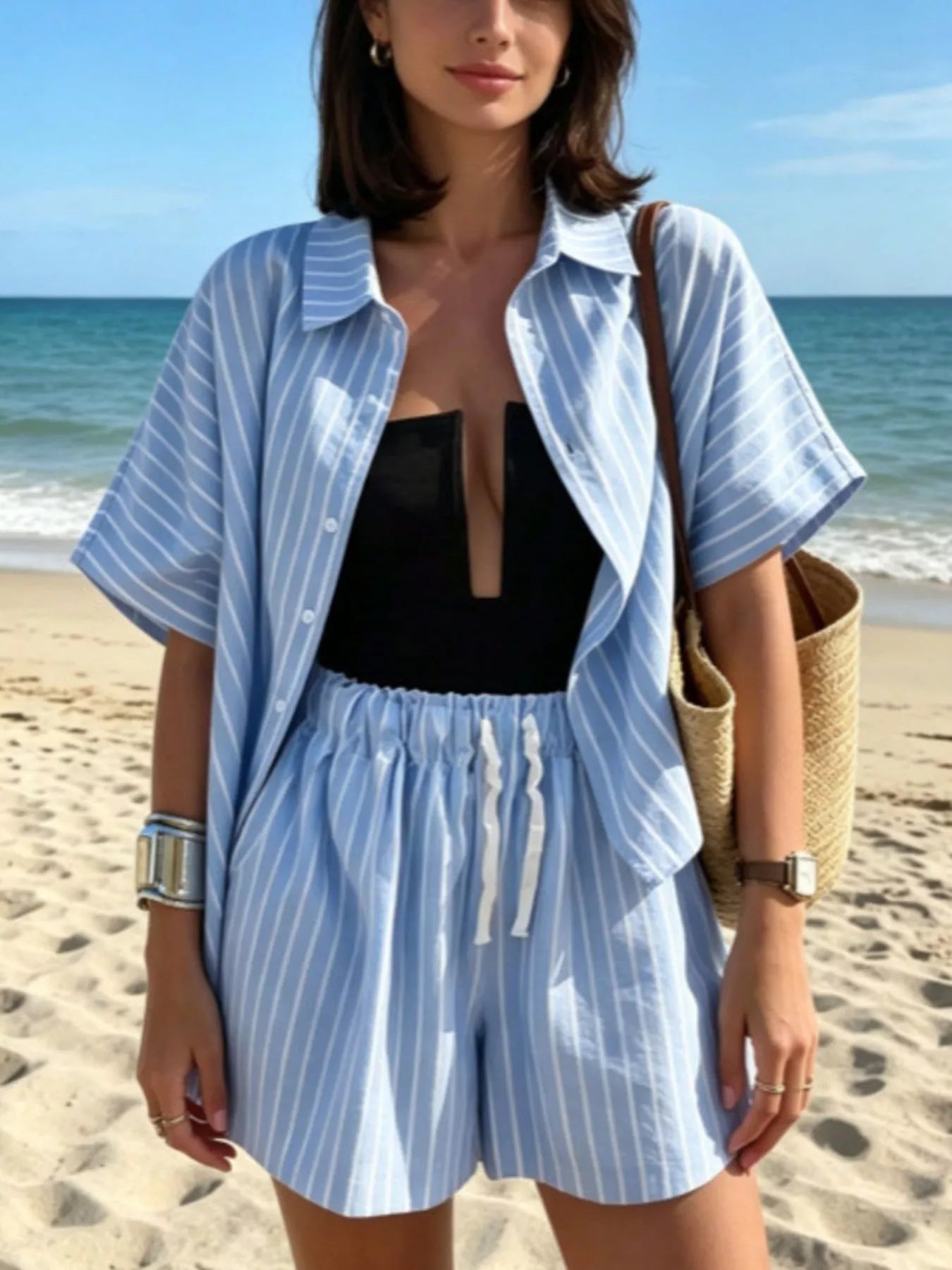 Striped Relaxed Fit Shirt and Shorts Set
