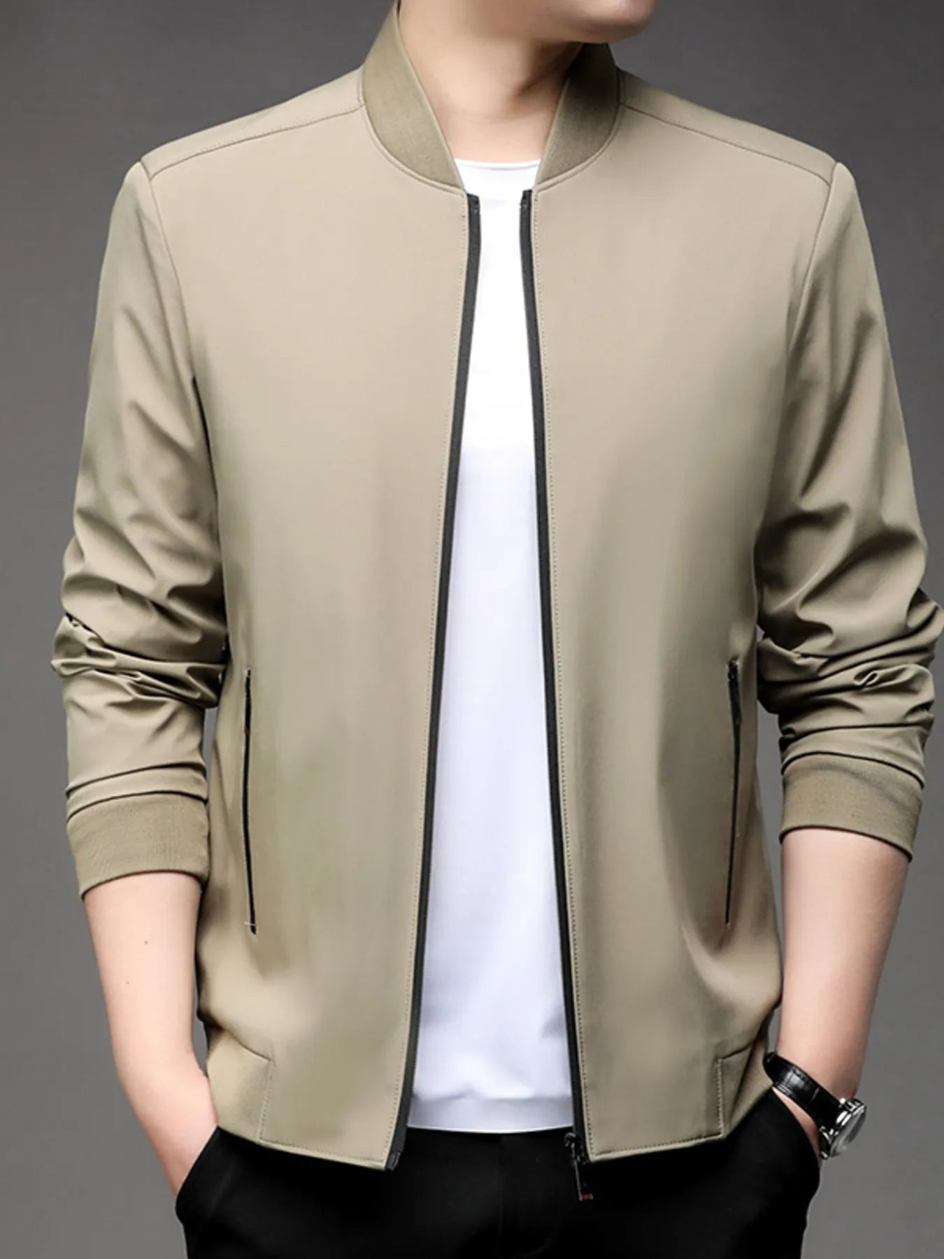 Men's Plus Size Full Zip Front Closure Bomber Jacket with Pockets