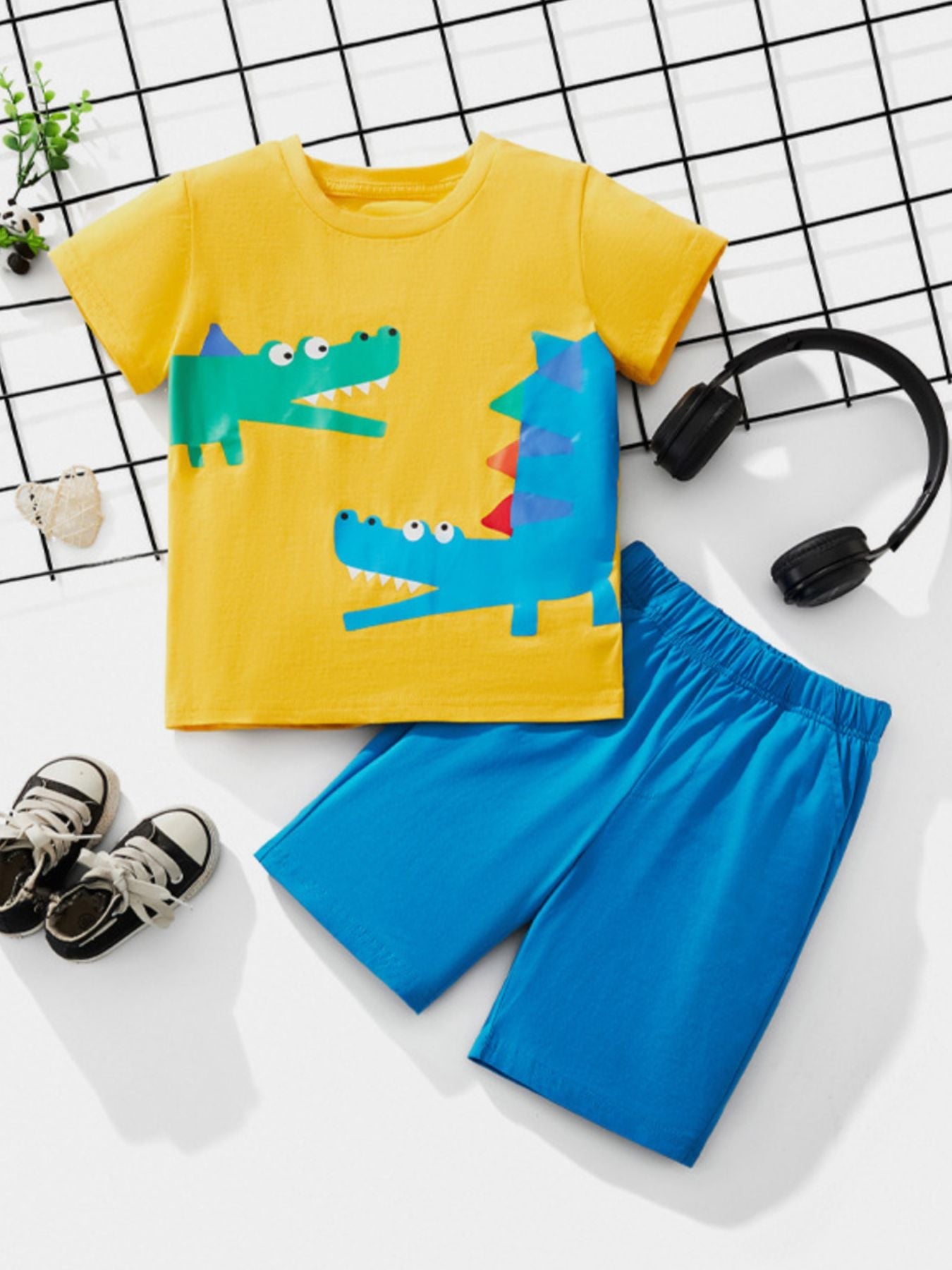 Children's Crocodile Print Round Neck Tee and Shorts Set