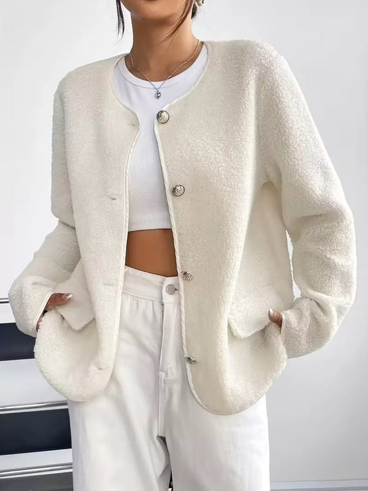 Full Size Textured Button-Up Fleece Outerwear Plus Size