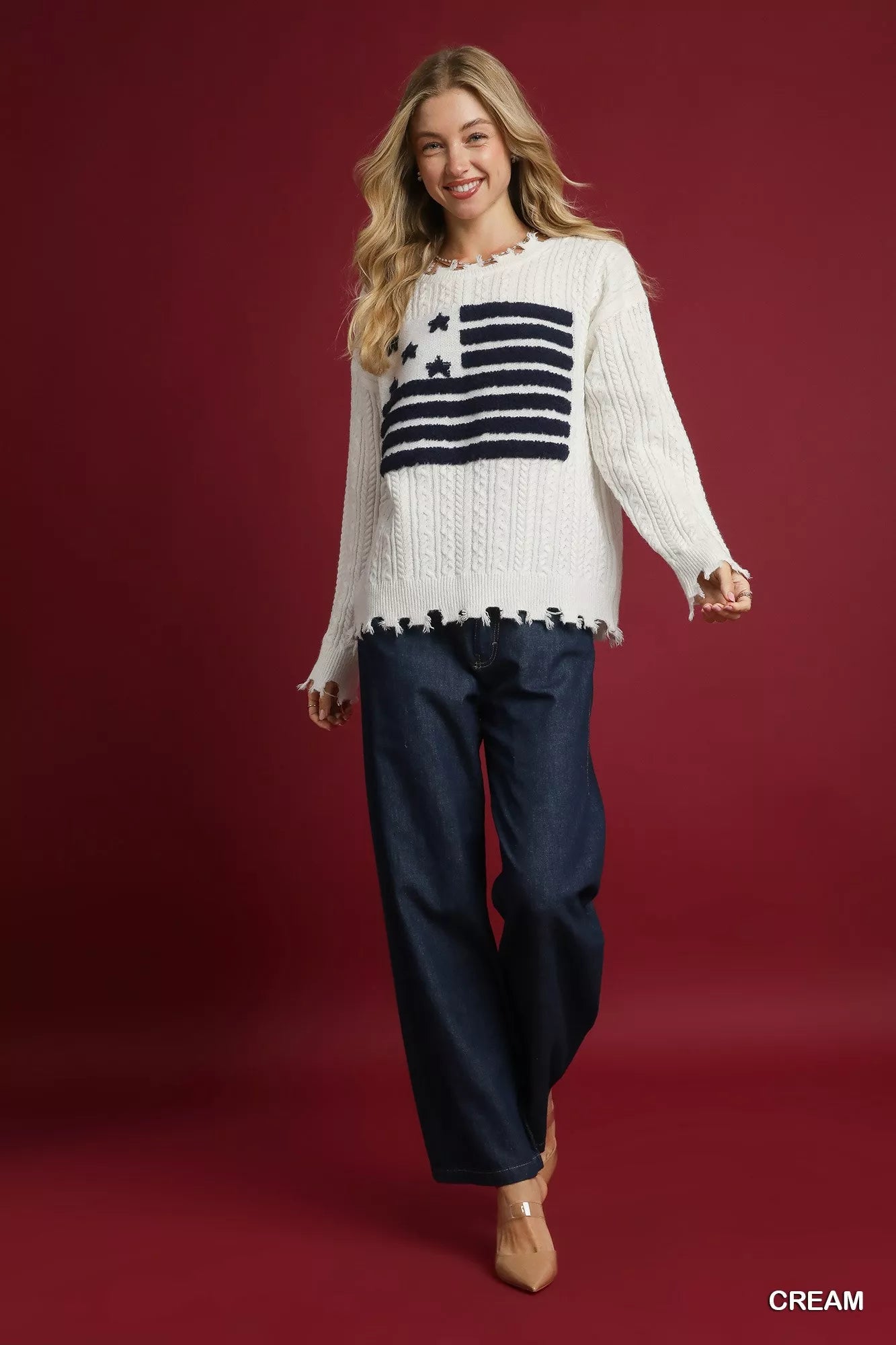 Umgee Distressed American Flag Sweater