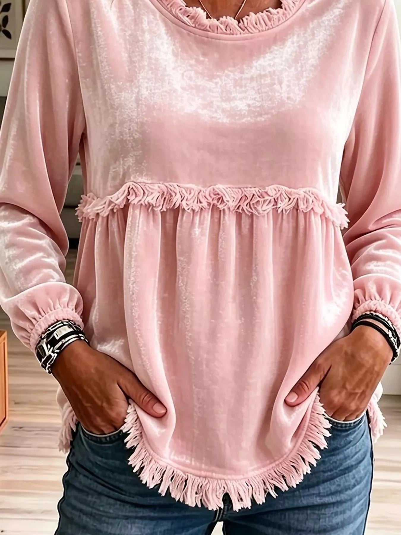 Velvet Fringe Long Sleeve Blouse