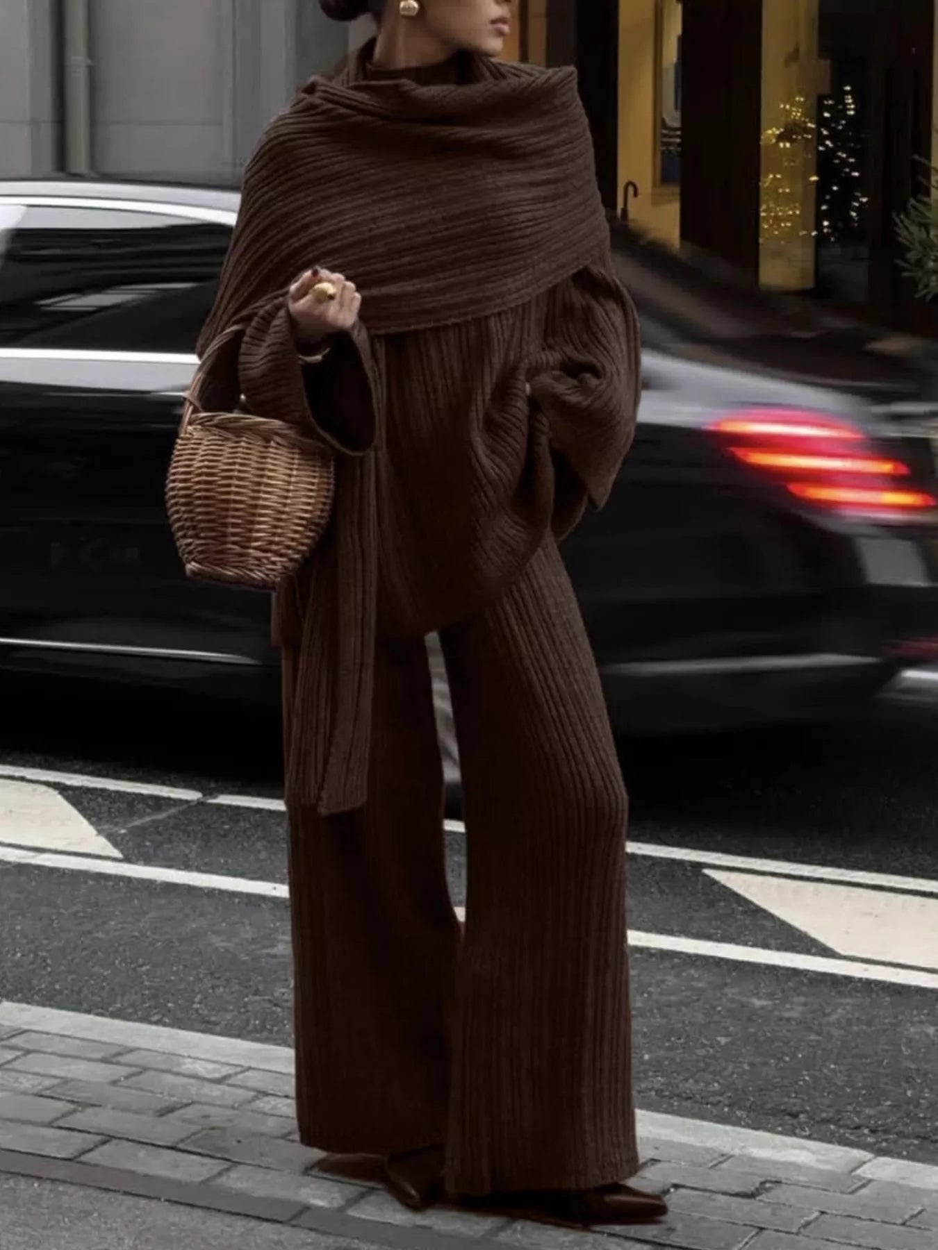 3-Piece Crew Neck Ribbed Sweater and Wide-Leg Pants Set with Scarf