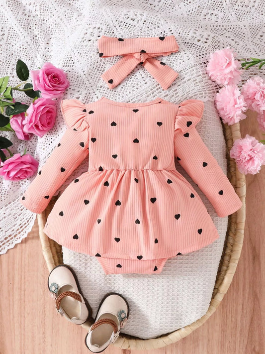 Children's Heart Print Ruffle Trim Bodysuit Dress with Headband