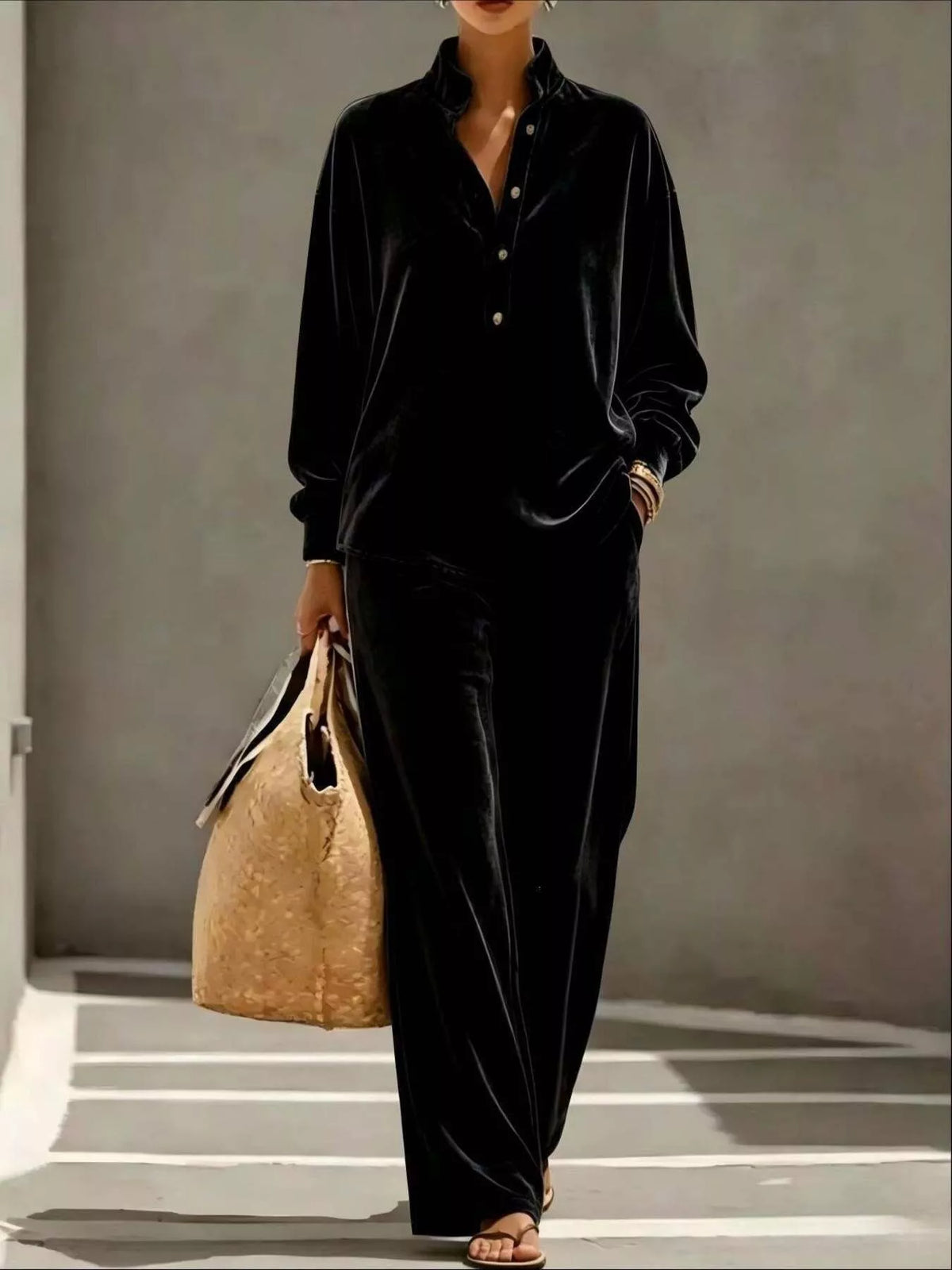 Full Size Half Button Top and Wide Leg Pants Set Plus Size