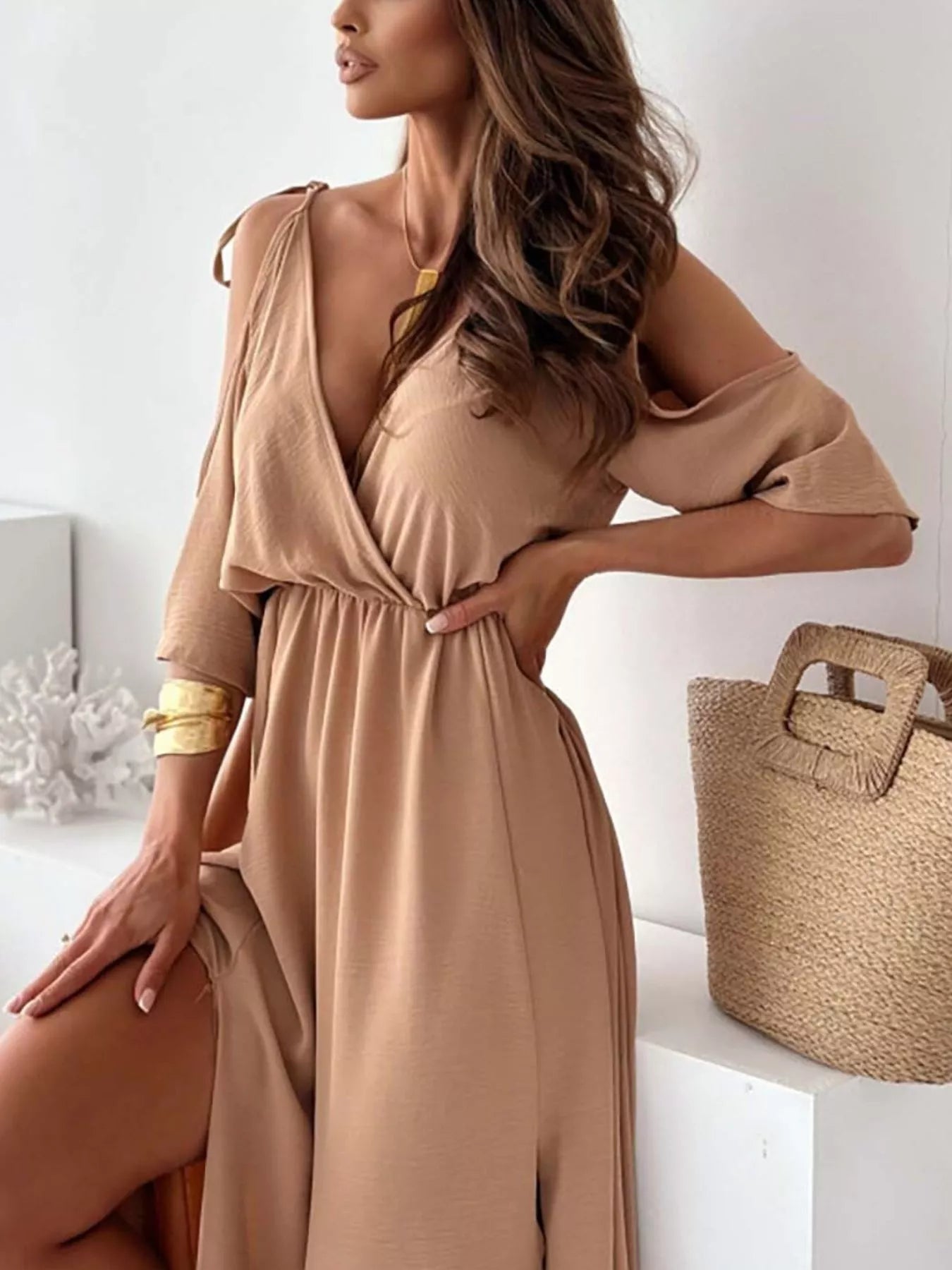 Slit Cold Shoulder Maxi Dress