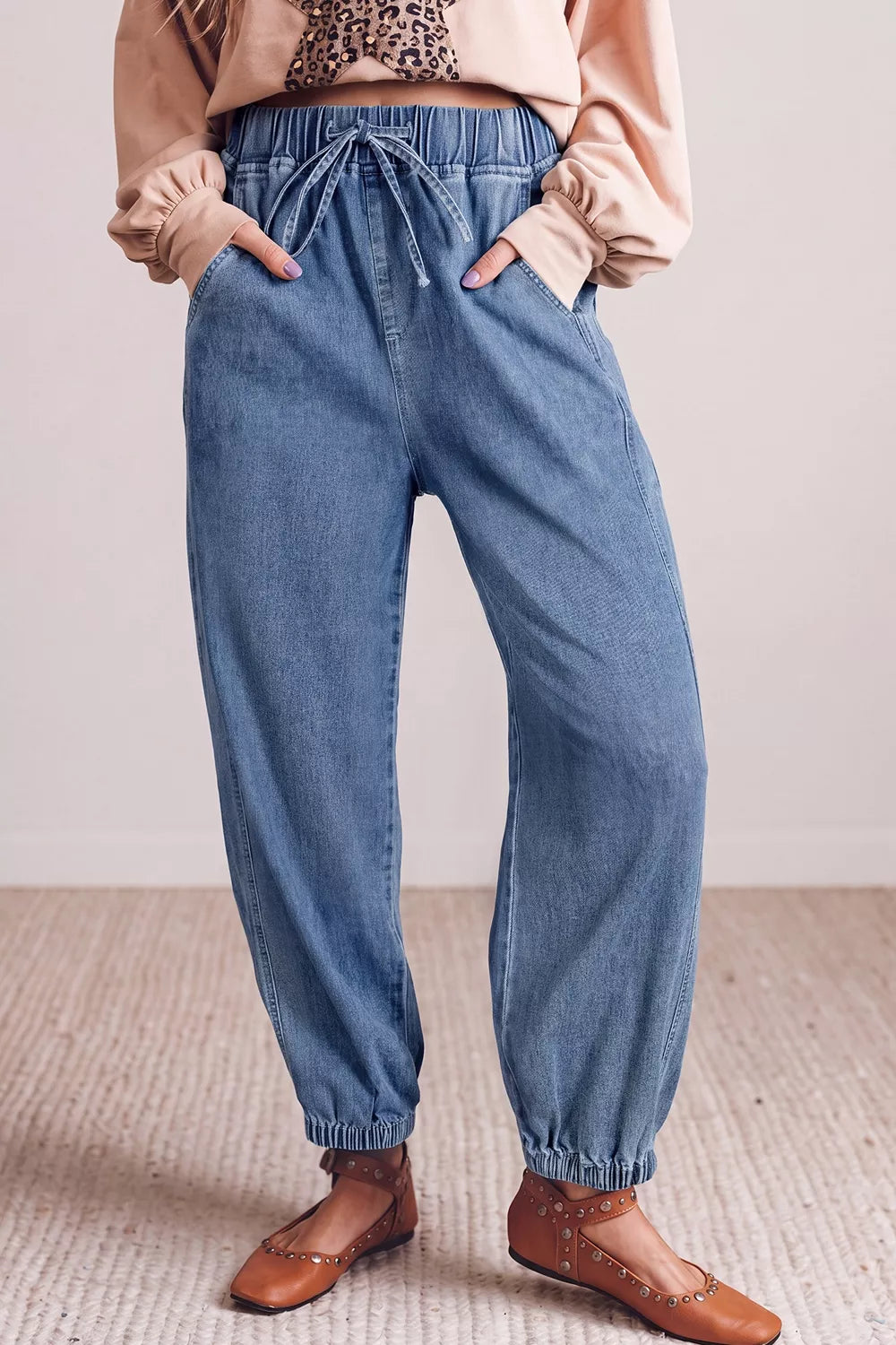 Elastic Waist Harem Ankle Length Jeans