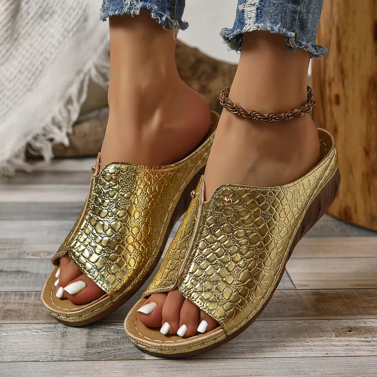 Crocodile-Embossed Wedge Sandals