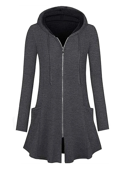 Longline Hooded Zip-Up Cardigan Coat with Flared Hem