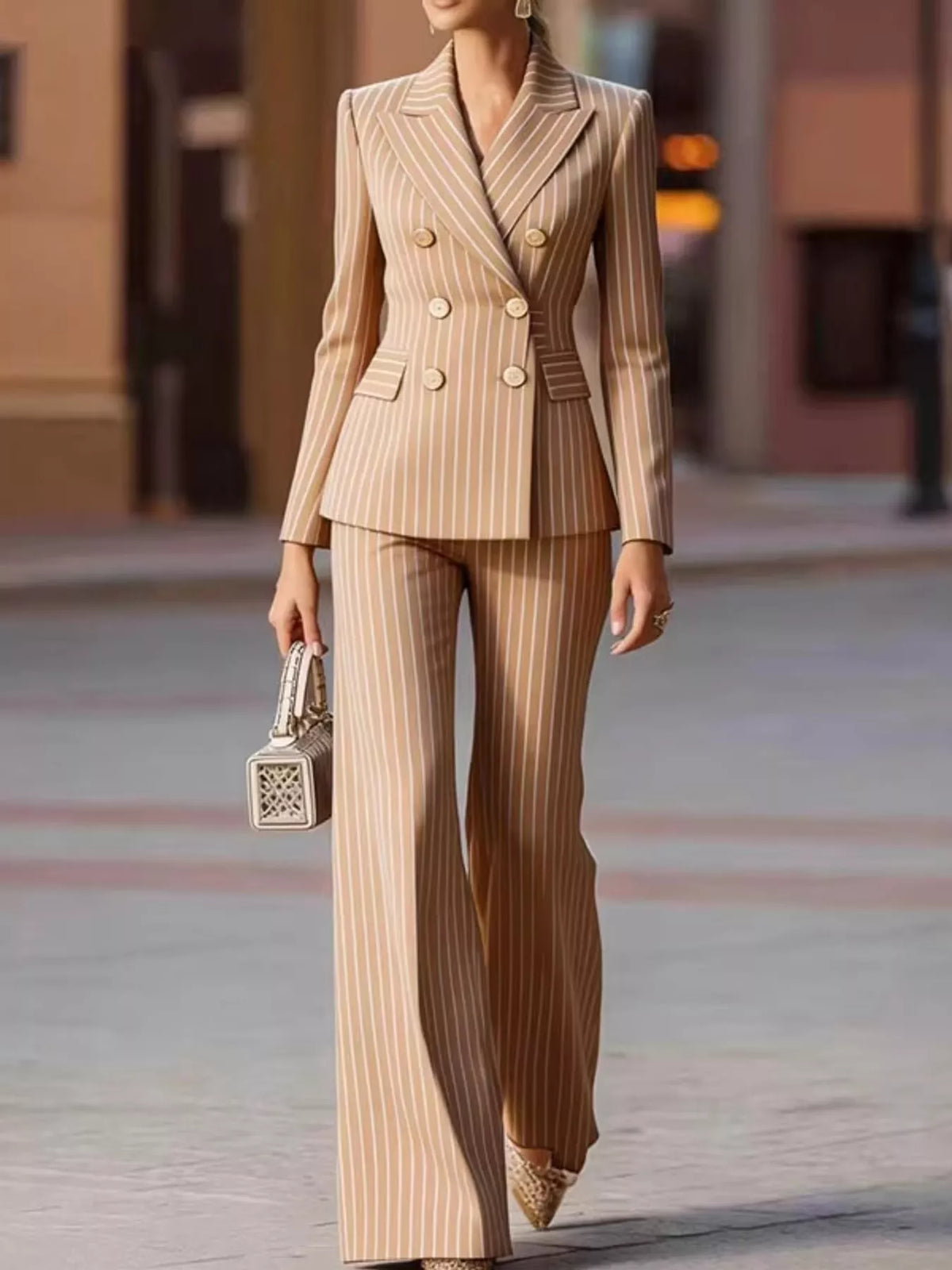 Double-Breasted Pinstripe Blazer and Wide-Leg Pants Set