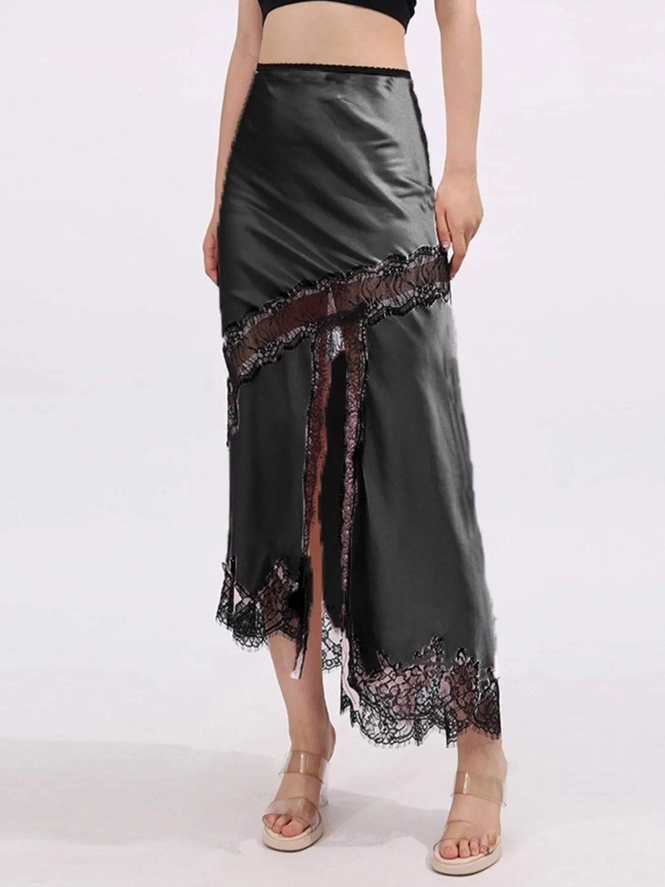 Lace Trim Asymmetrical Midi Skirt