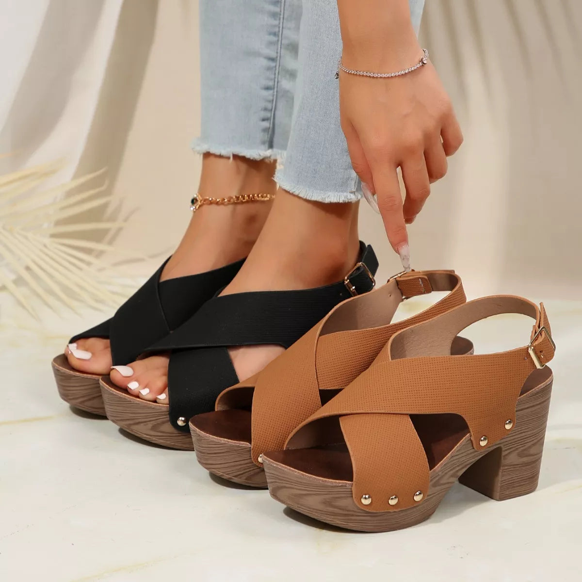 Crisscross Block Heels Sandals