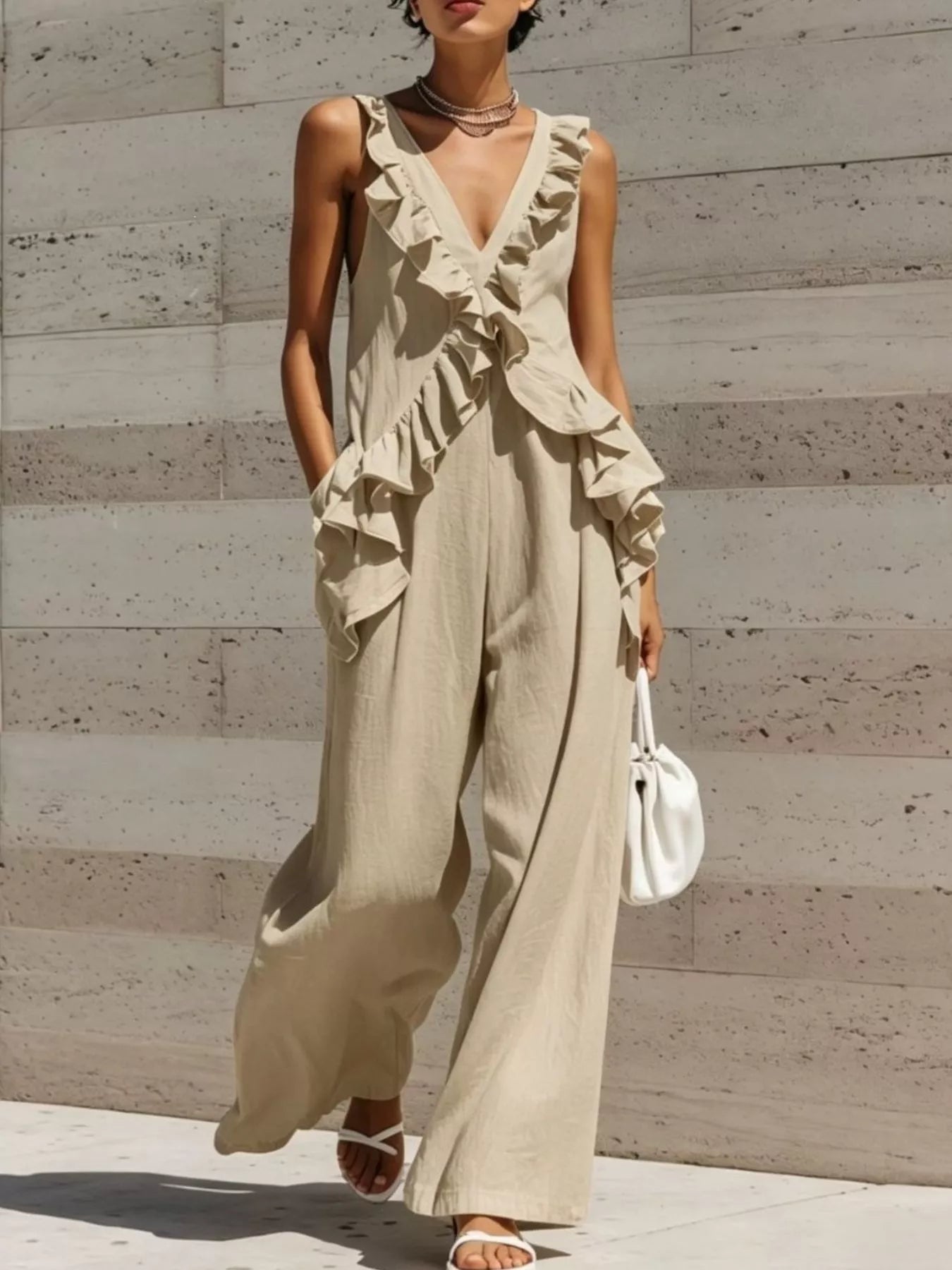 Ruffled V-Neck Sleeveless Jumpsuit