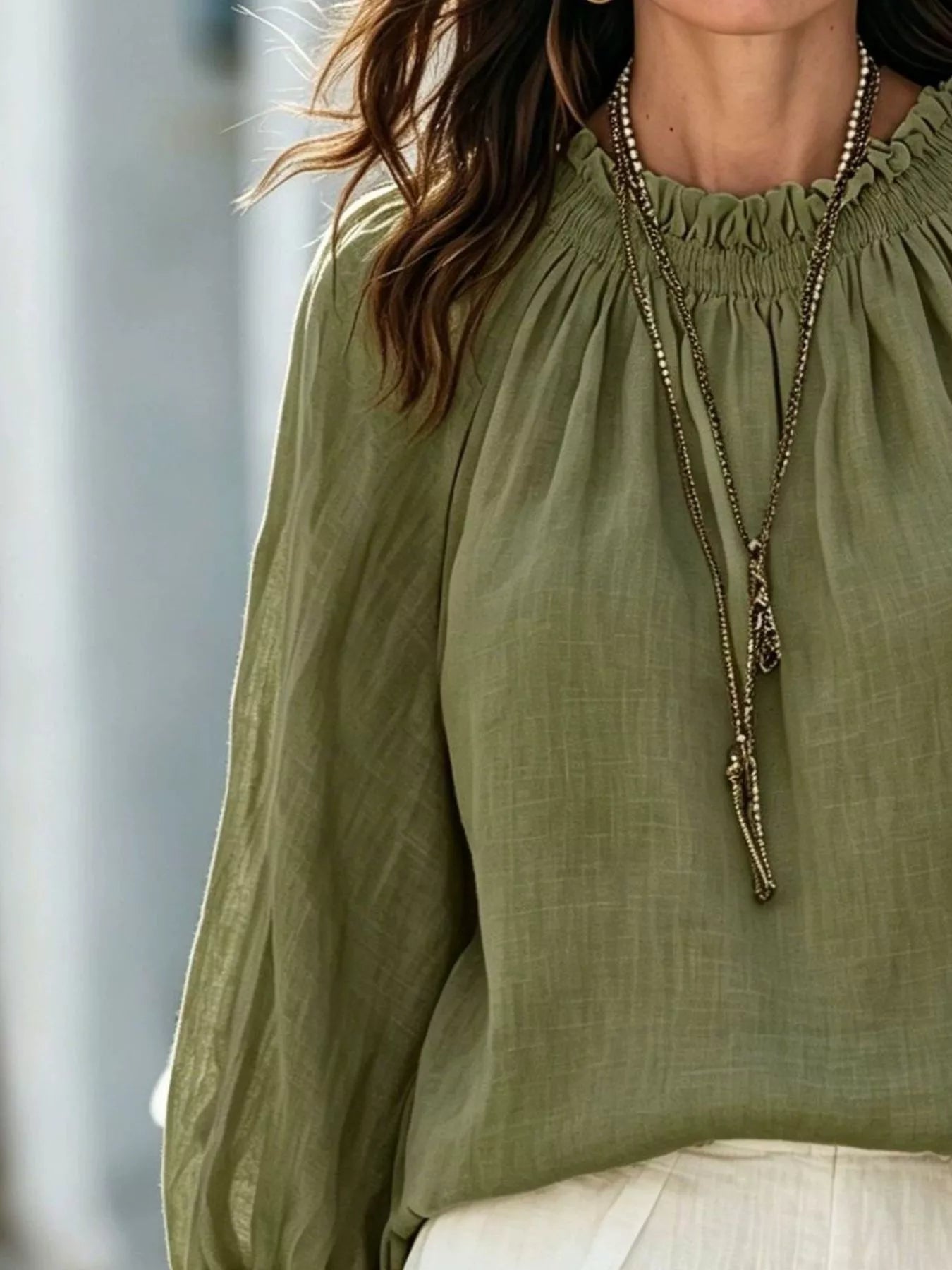 Round Neck Balloon Sleeve Blouse