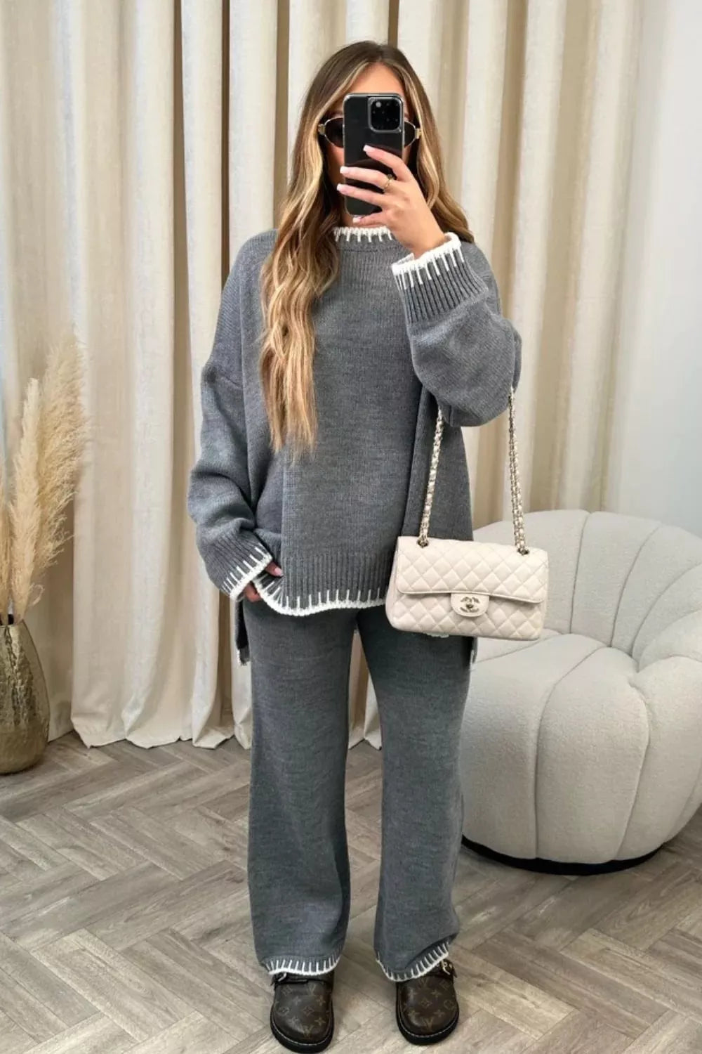Contrast Trim Round Neck Top and Pants Sweater Set