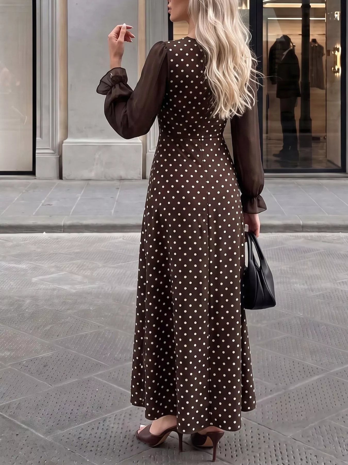 Polka Dot Square Neck Long Sleeve Maxi Dress