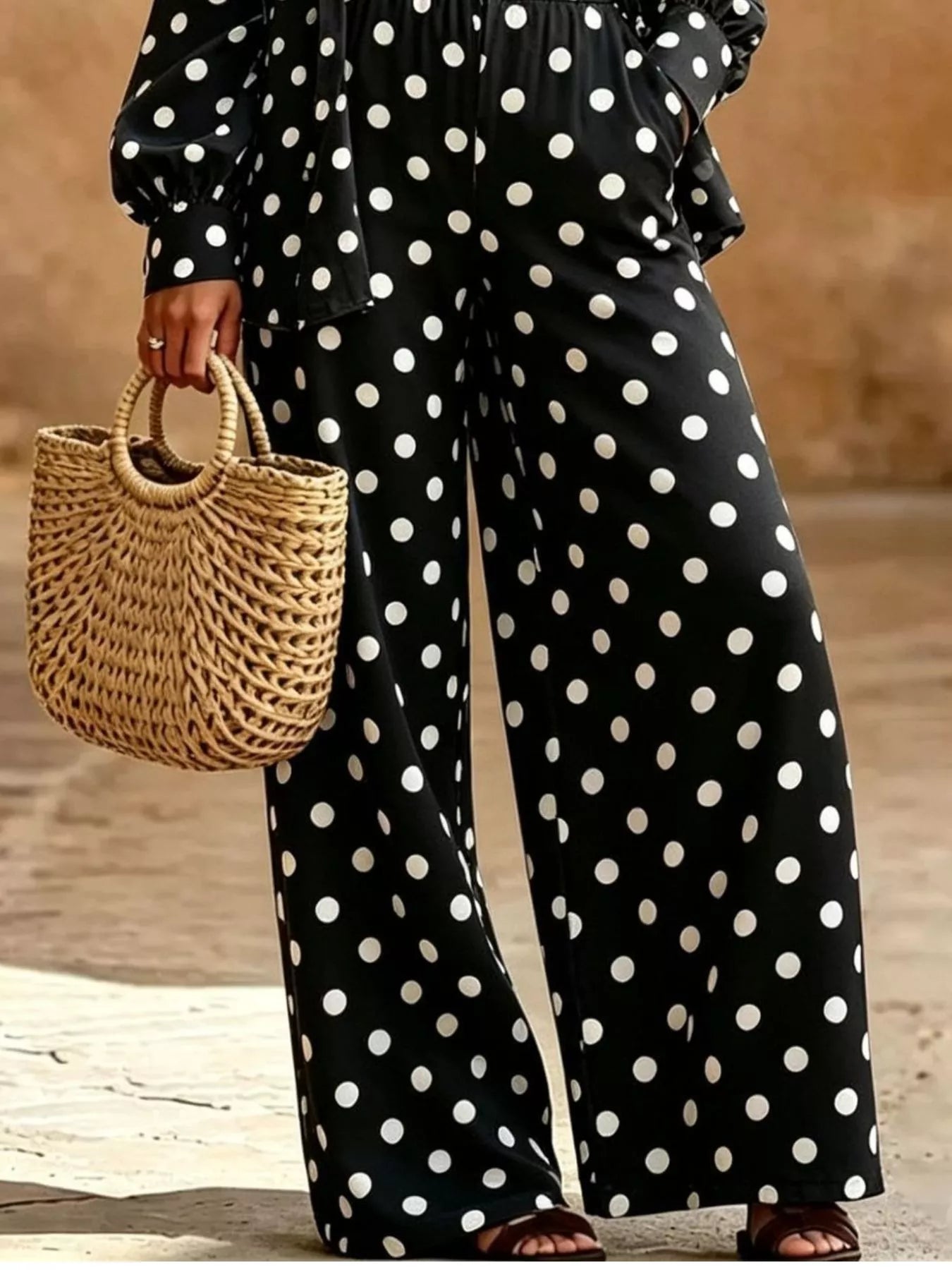 Full Size Polka Dot Shirt and Wide-Leg Pants Set Plus Size