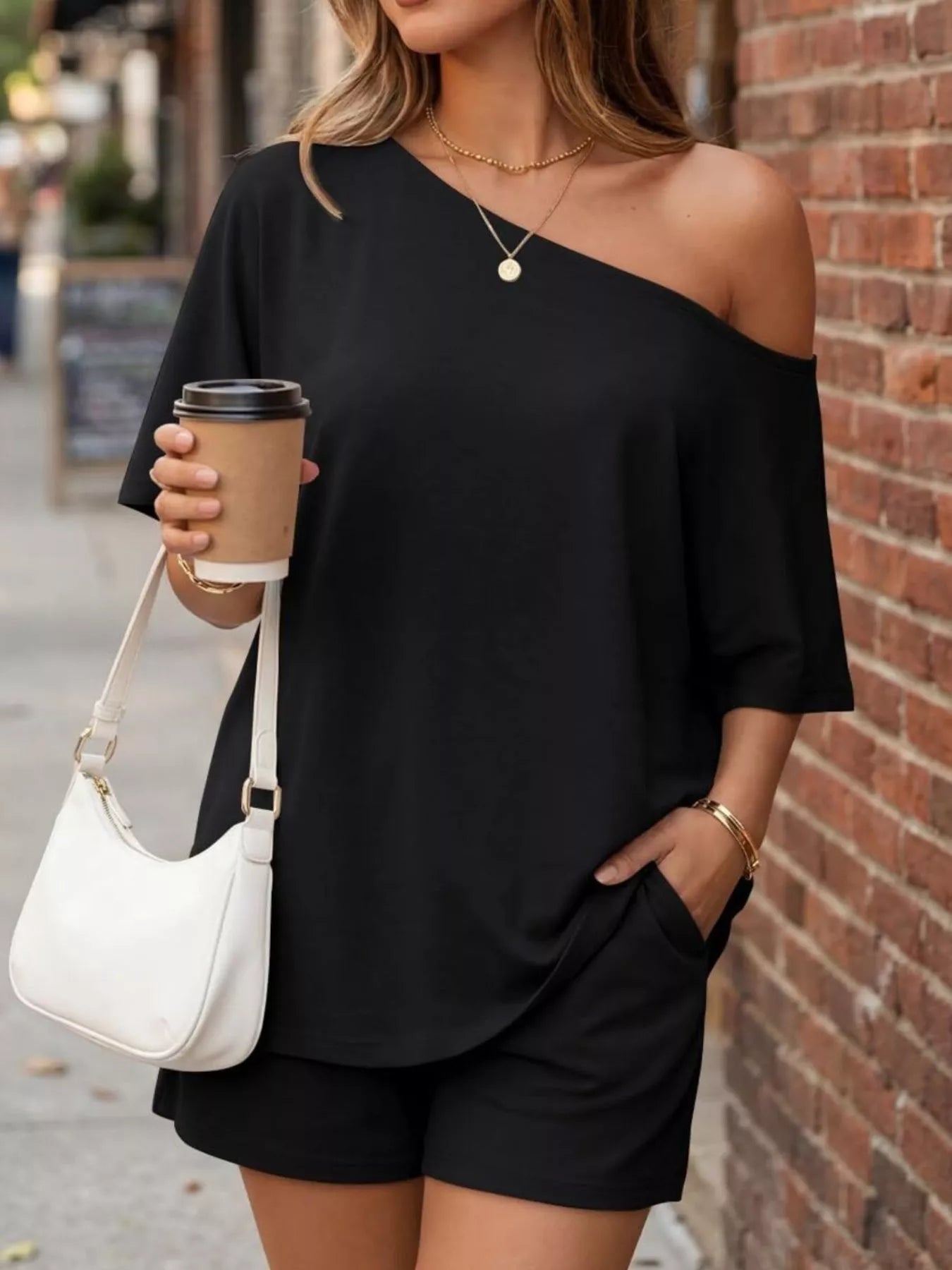 One-Shoulder Short Sleeve Top and Shorts Set