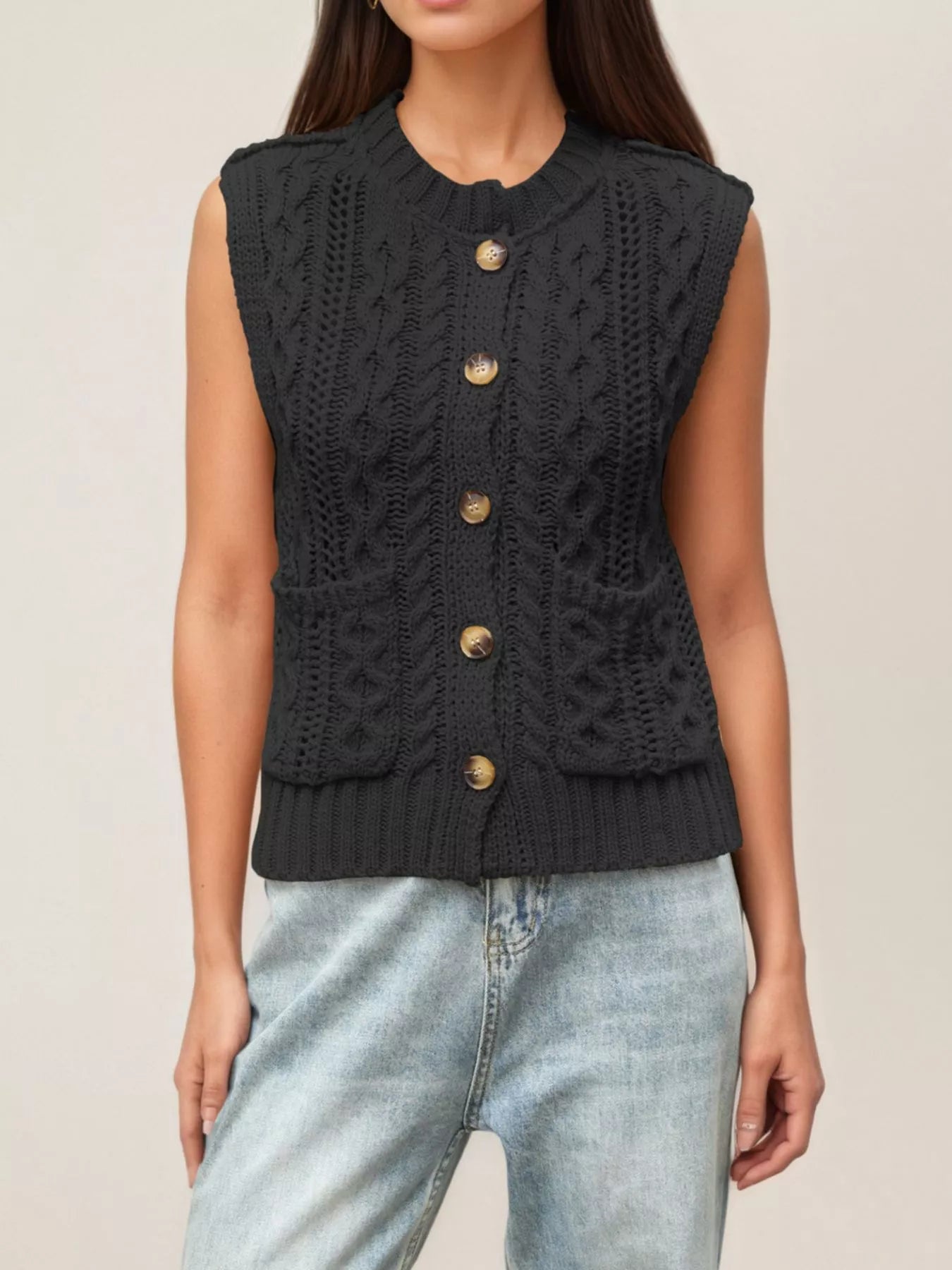 Cable-Knit Button-Down Sweater Vest