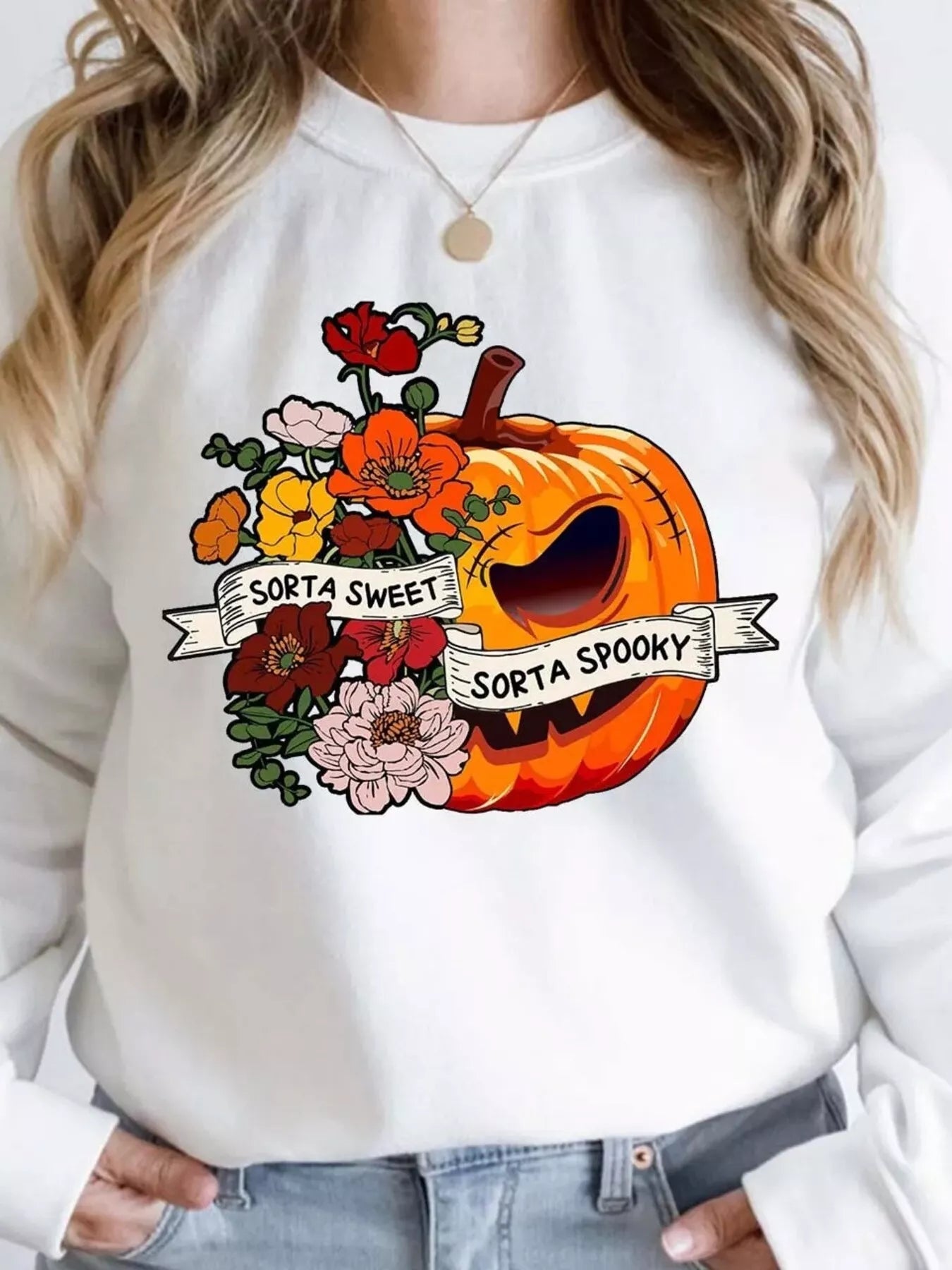 Halloween Pumpkin Floral Round Neck Sweatshirt