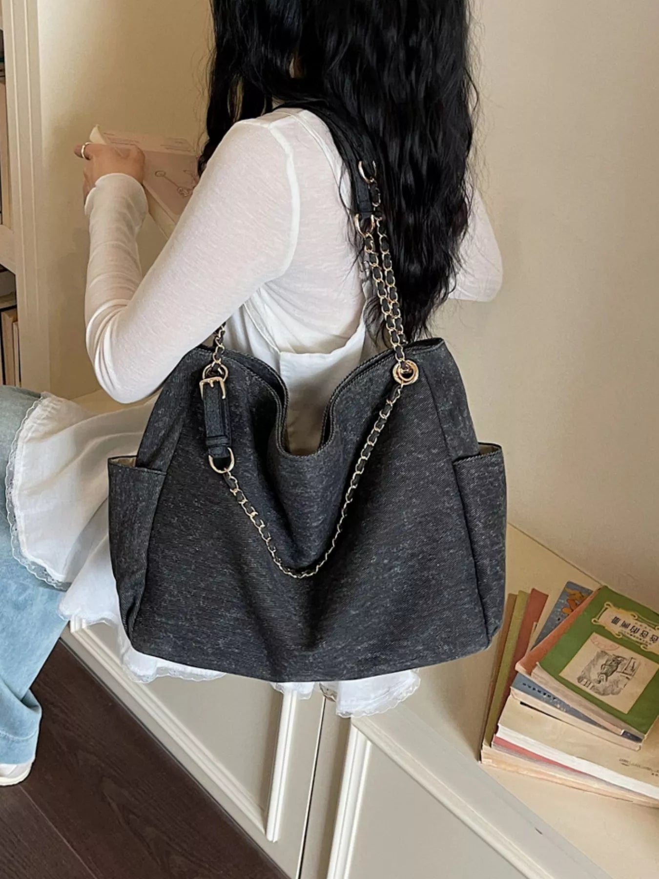 Denim Shoulder Bag with Chain Strap