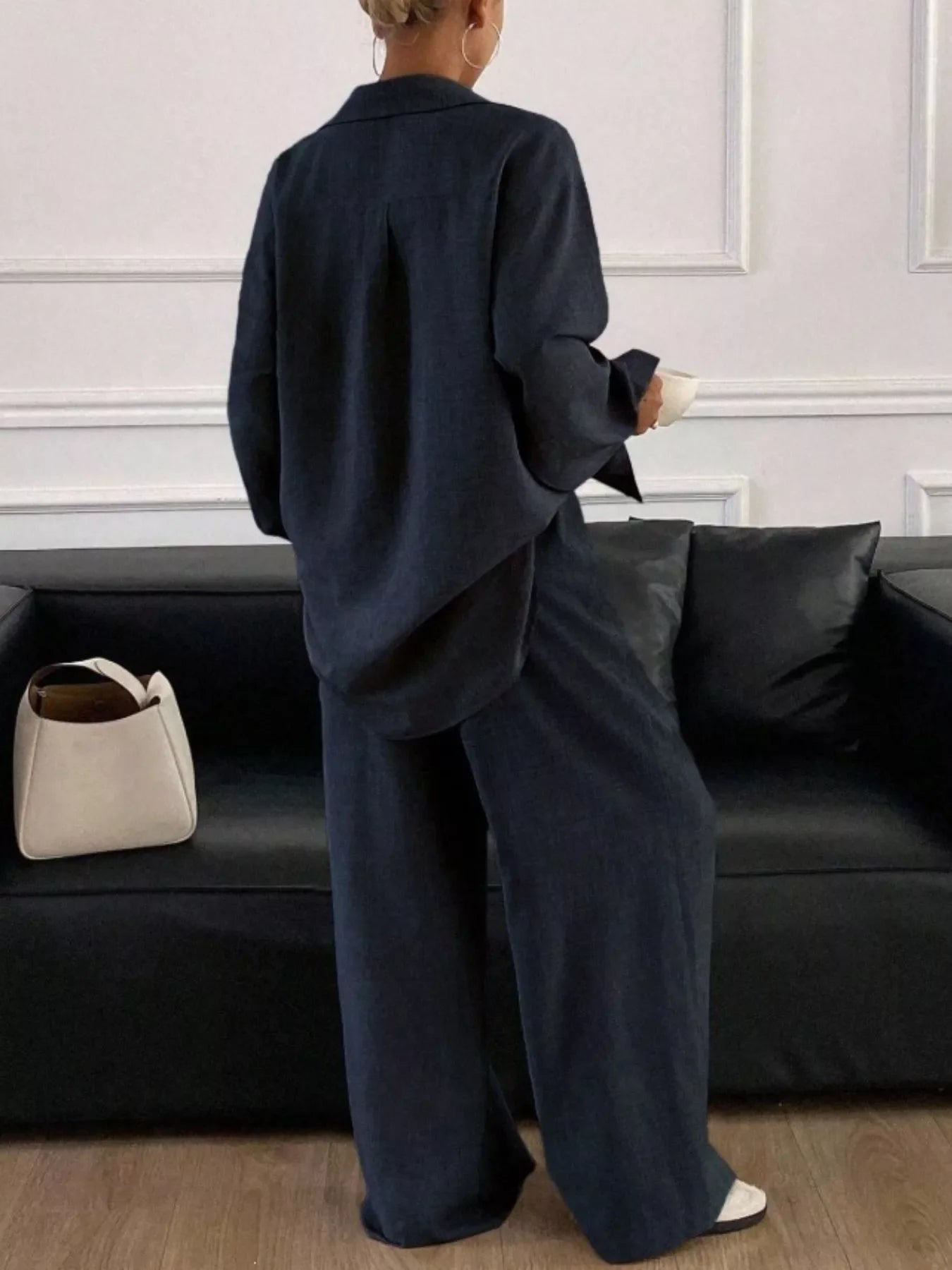 Button Up Long Sleeve Shirt and Wide Leg Pants Set
