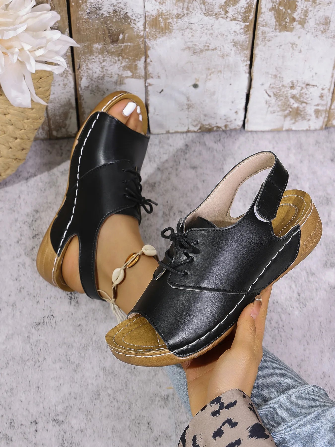 Casual Peep Toe Lace-up Comfort Sandals
