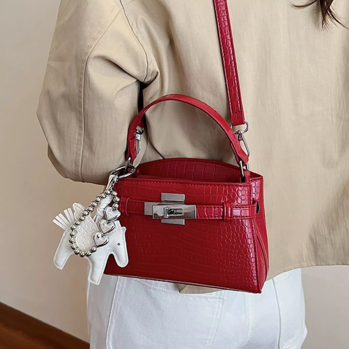 Crocodile-Embossed Top-Handle Handbag