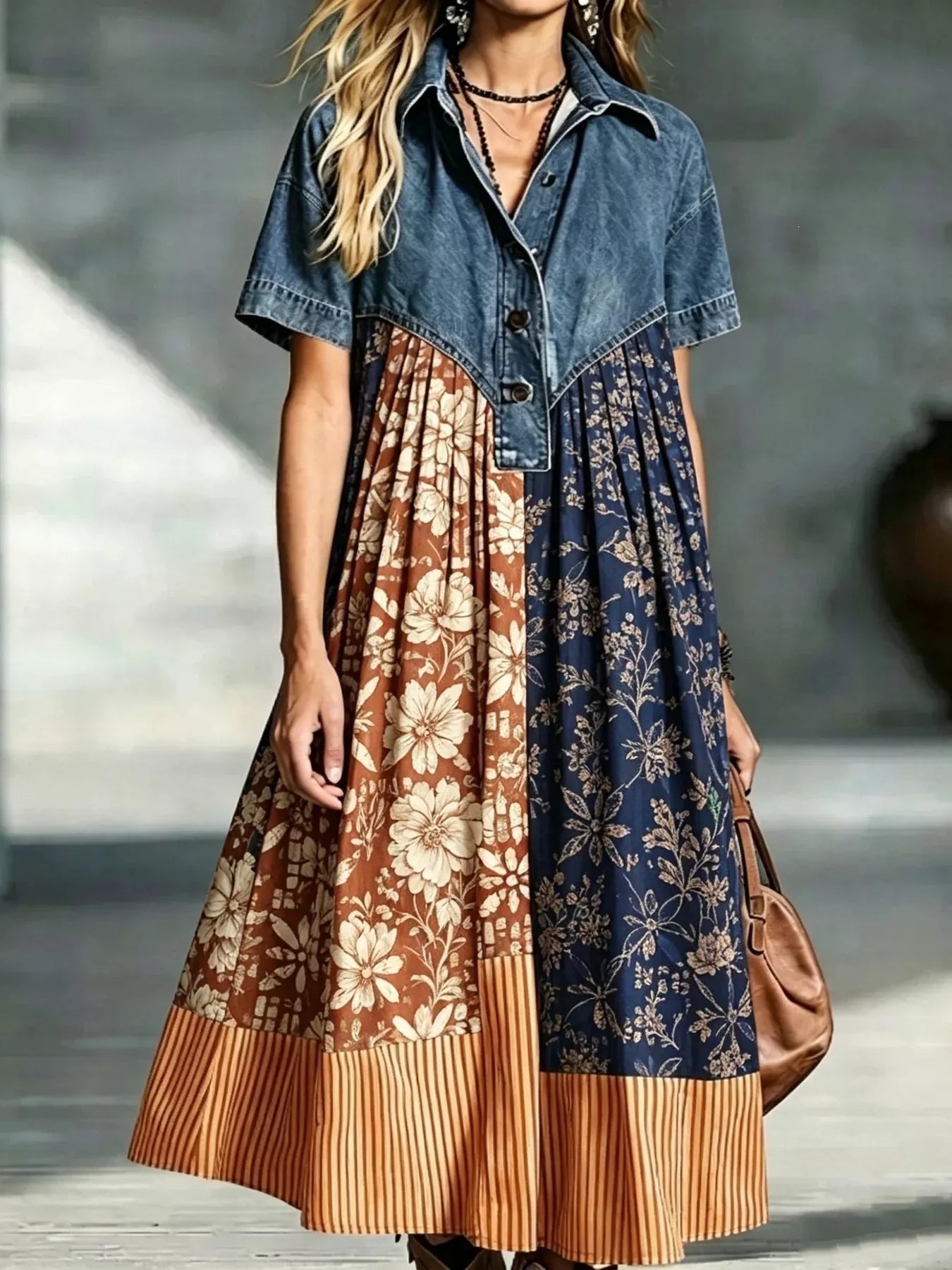 Full Size Denim Patchwork Printed Shirt Dress Plus Size