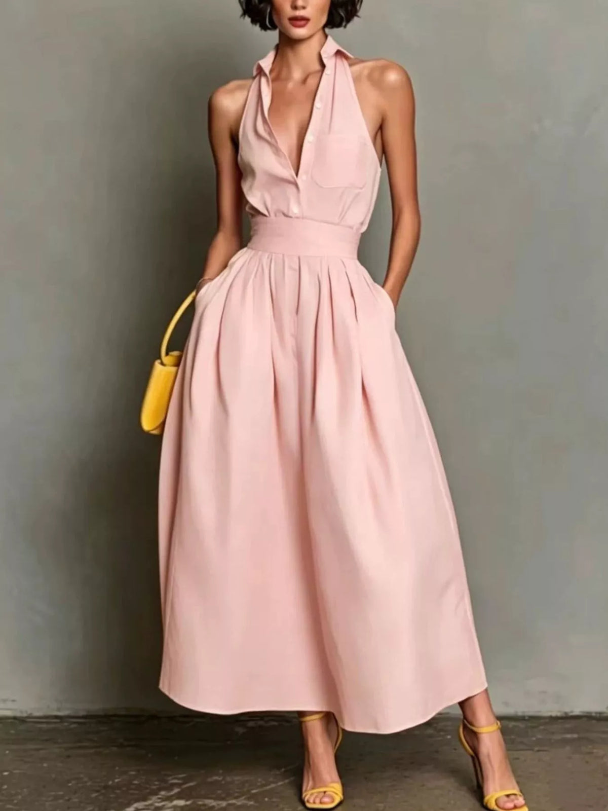 Sleeveless Collared A-Line Midi Dress