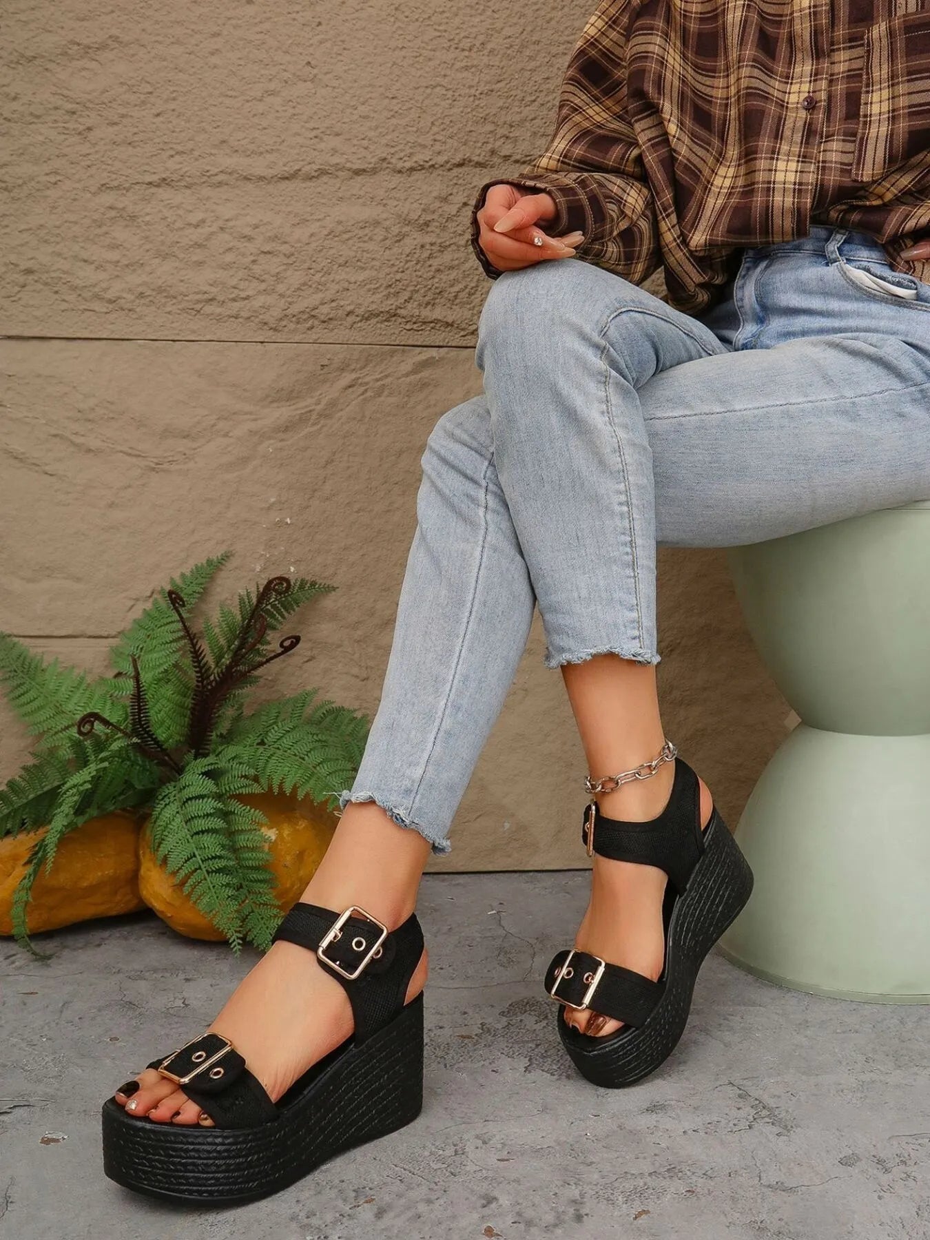 Buckled Platform Espadrille Wedge Sandals