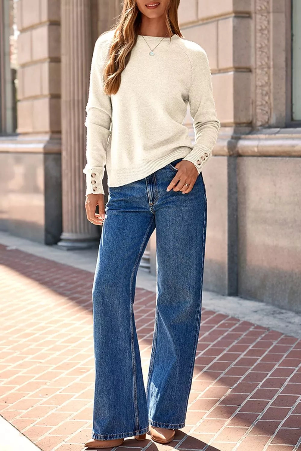 Button-Cuff Crew Neck Sweater