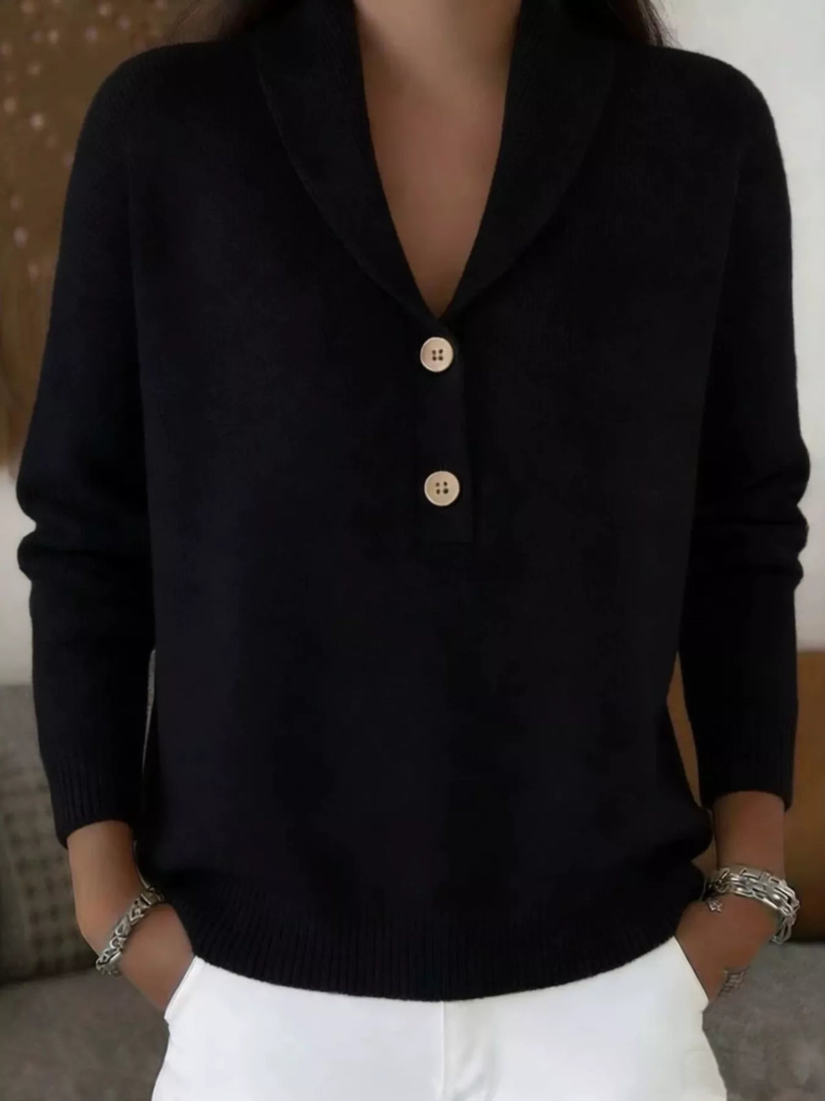 Shawl Collar Button Detail Sweater