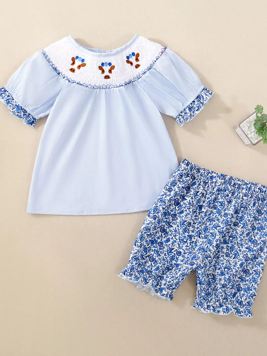 Children's Smocked Floral Blouse and Shorts Set