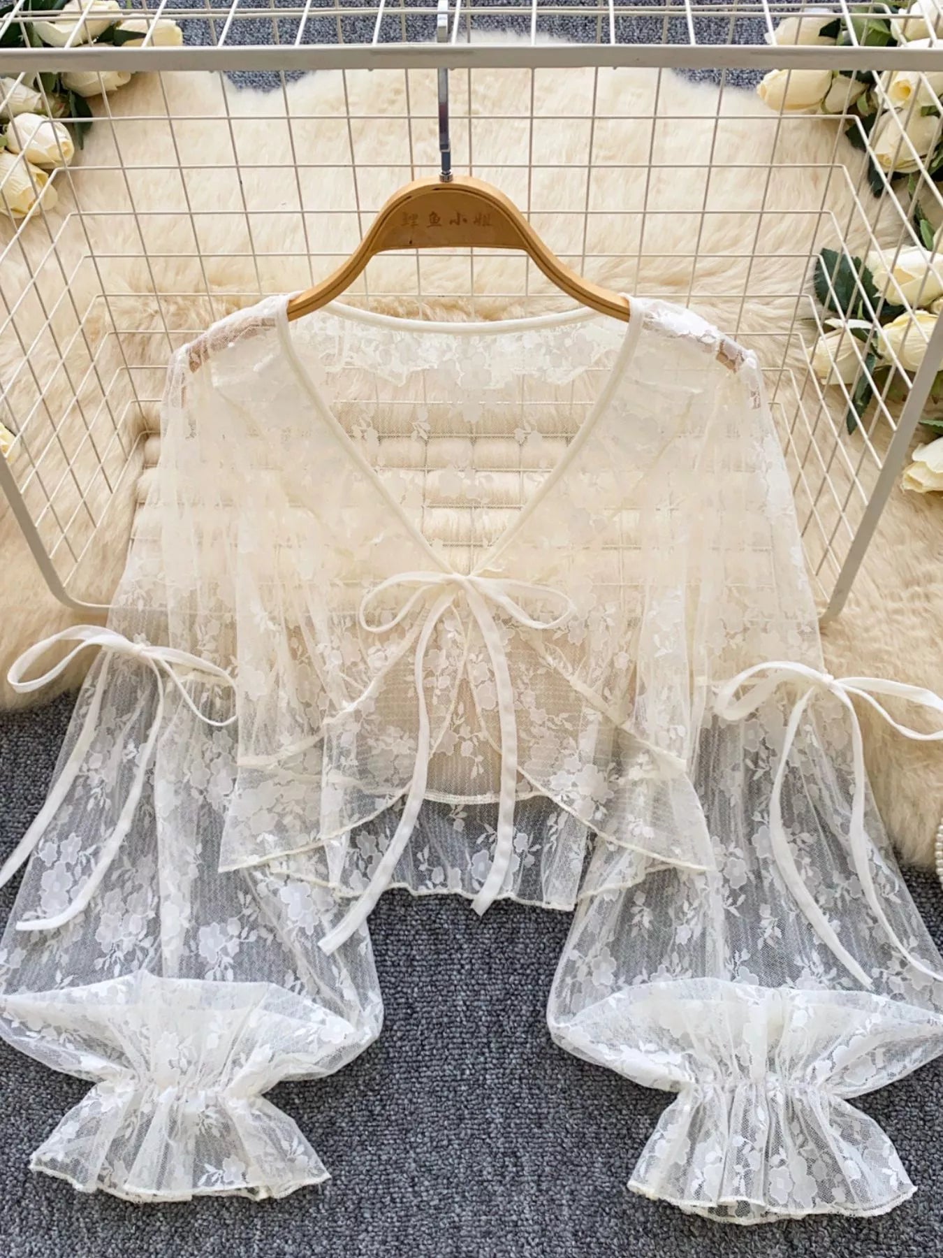 Sheer Lace Tie Front Flounce Sleeve Top