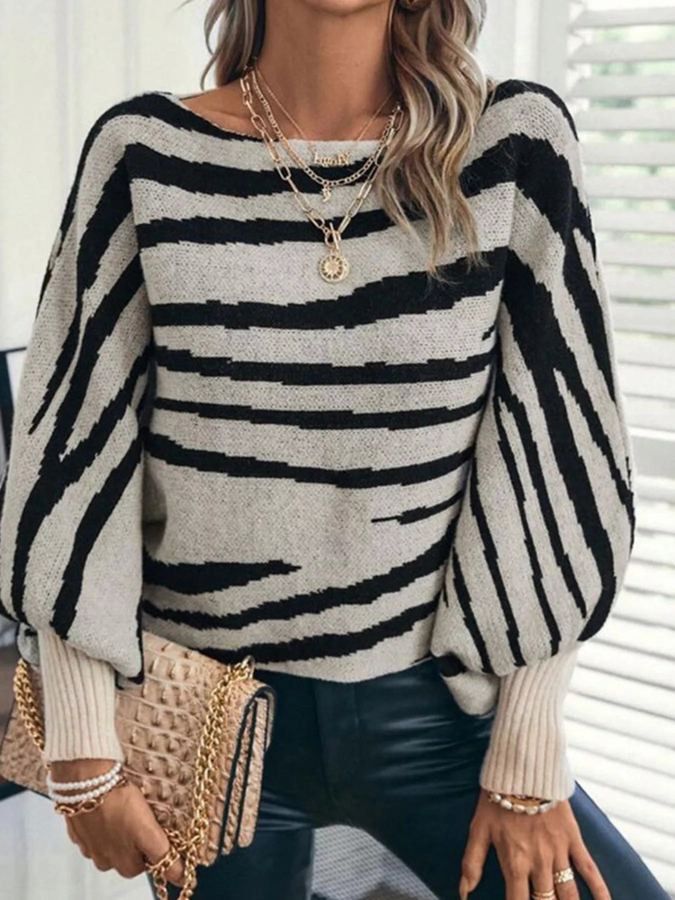 Striped Lantern Sleeve Sweater