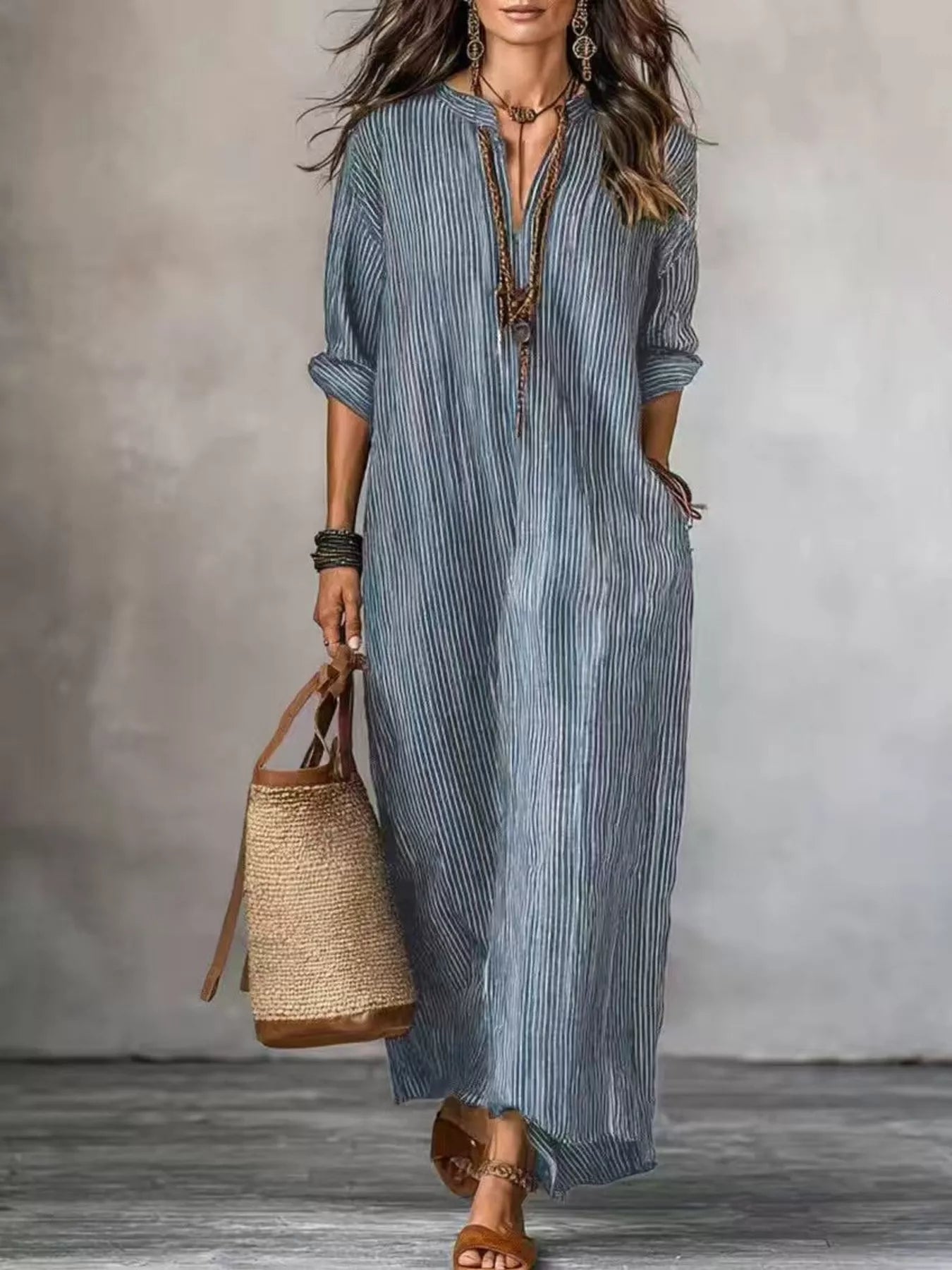 Full Size Striped Notched Maxi Dress with Pockets Plus Size