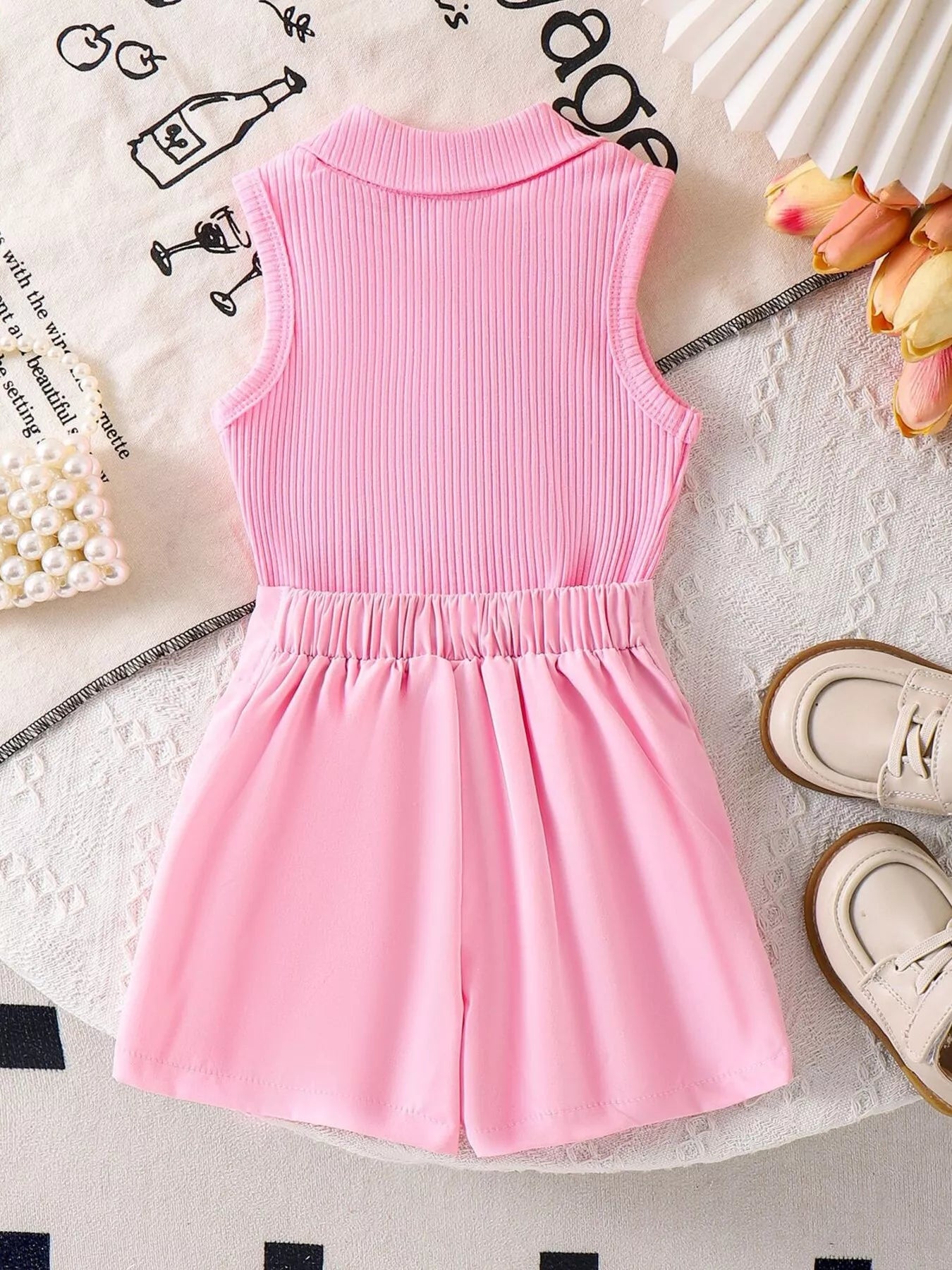 Children's Ribbed Knit Polo Top and Scalloped Pocket Shorts Set