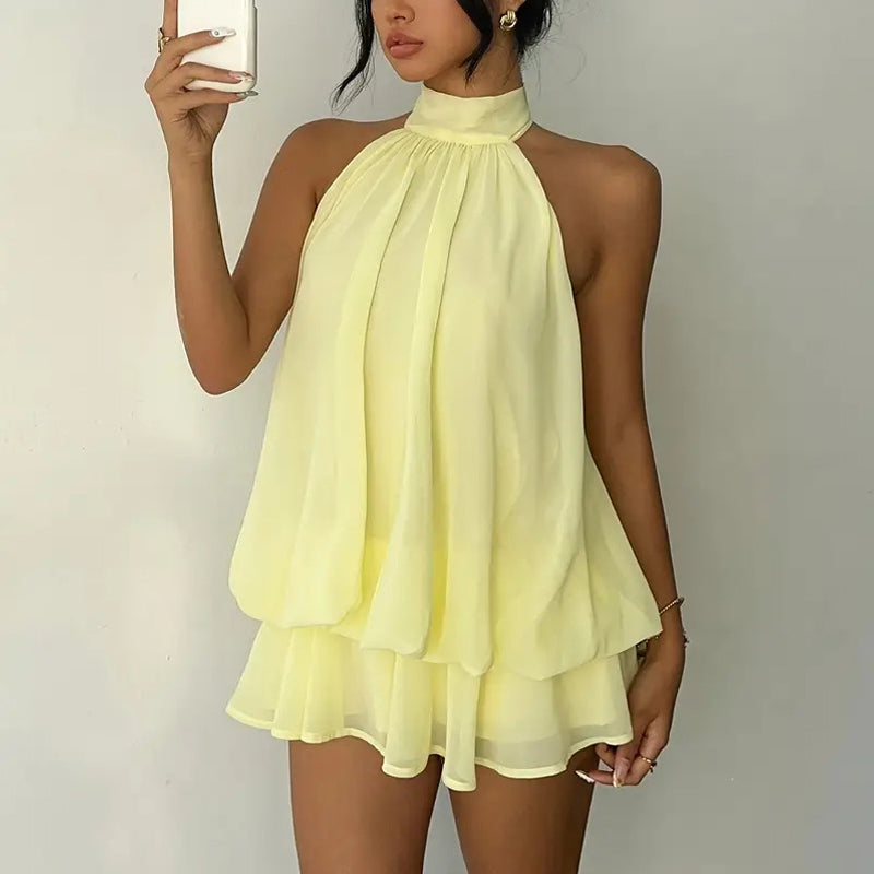 Women's Elegant Halter Mini Dress With Bow Tie Detail Ruffled Design Backless A-Line Summer Dress For Daily & Formal Wear (See size chart where applicable)