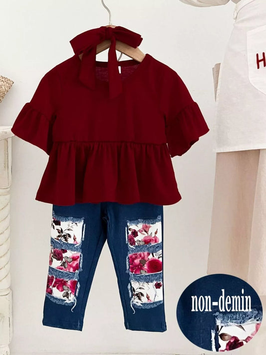 Children's Ruffle Sleeve Top & Floral Patch Pants Set
