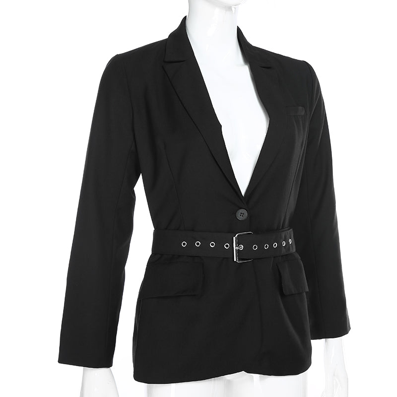 Black Long Blazer With Sashes Autumn Coat (See size chart where applicable)