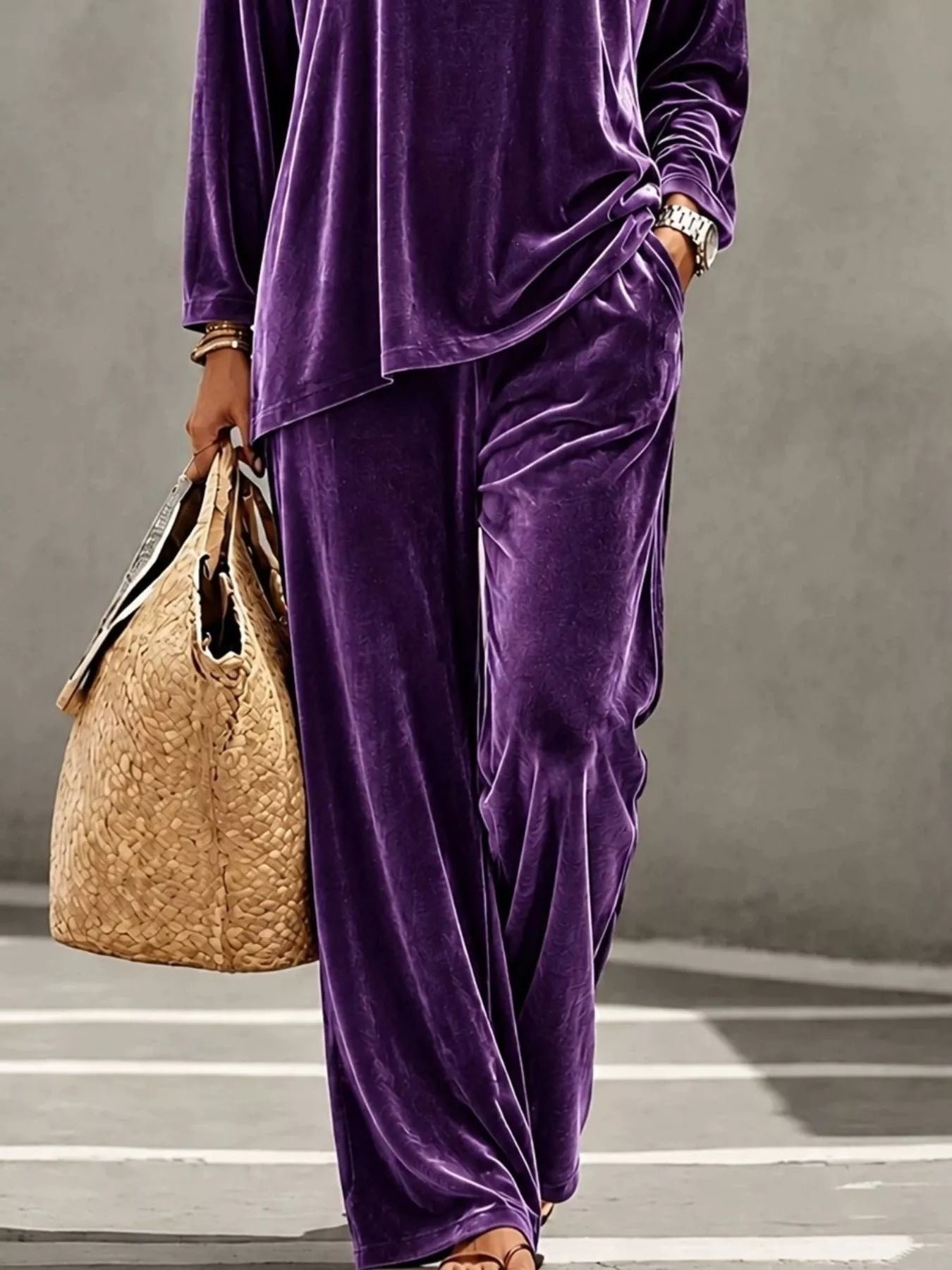 Full Size Velvet Long Sleeve Top and Pants Set Plus Size