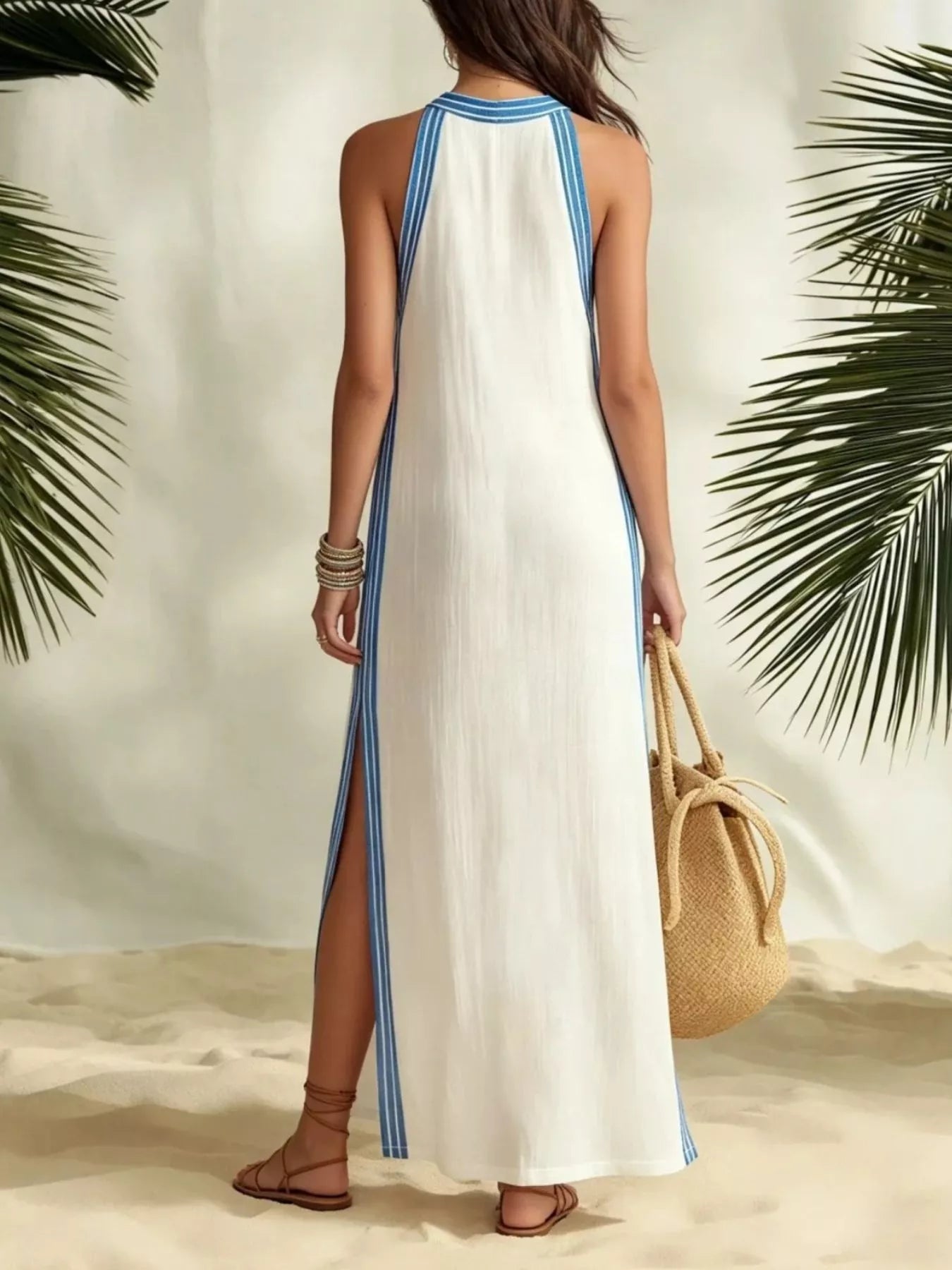 Full Size Slit Striped Sleeveless Maxi Dress Plus Size