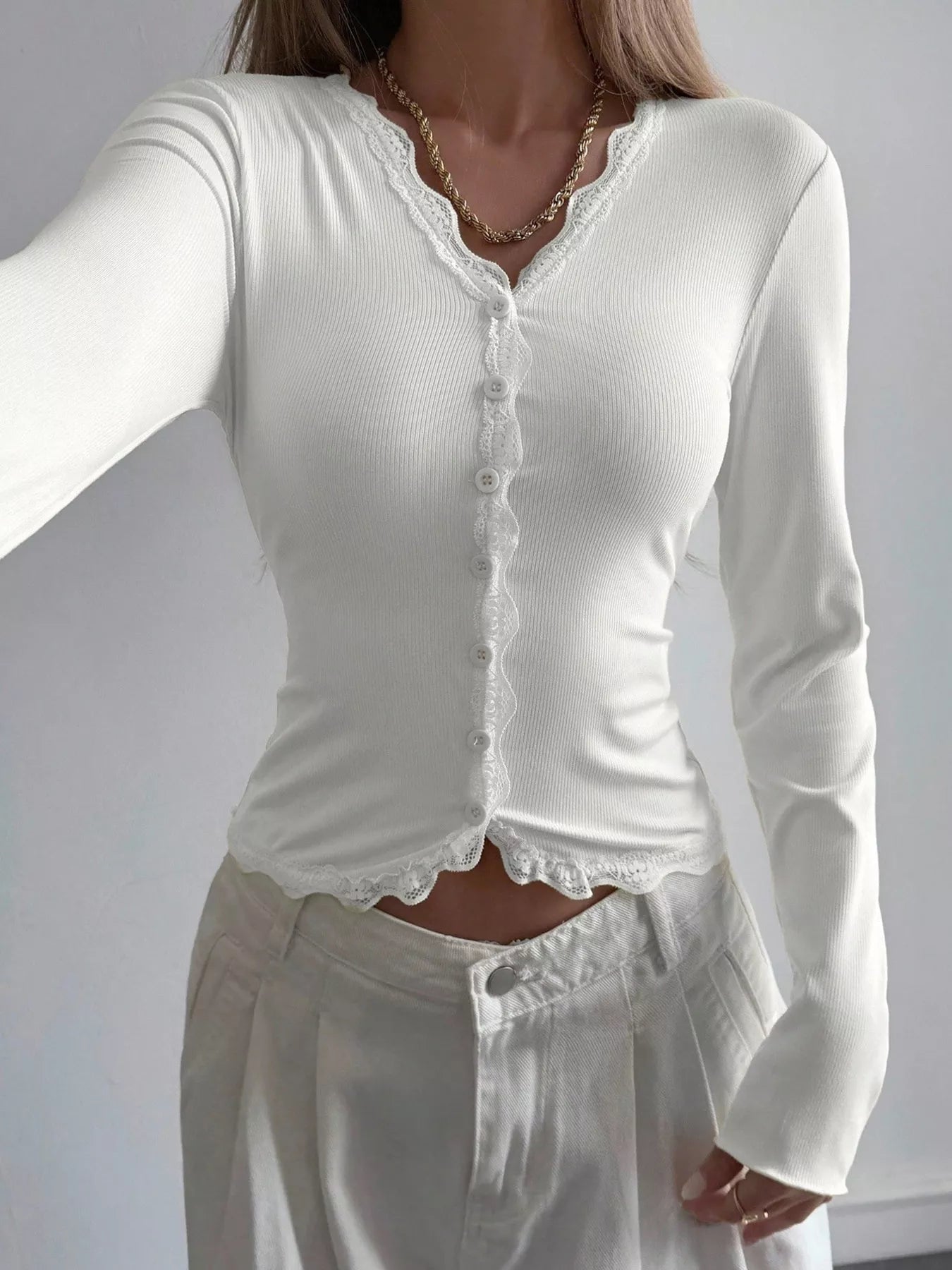 Lace Trim V-Neck Ribbed Long Sleeve Blouse