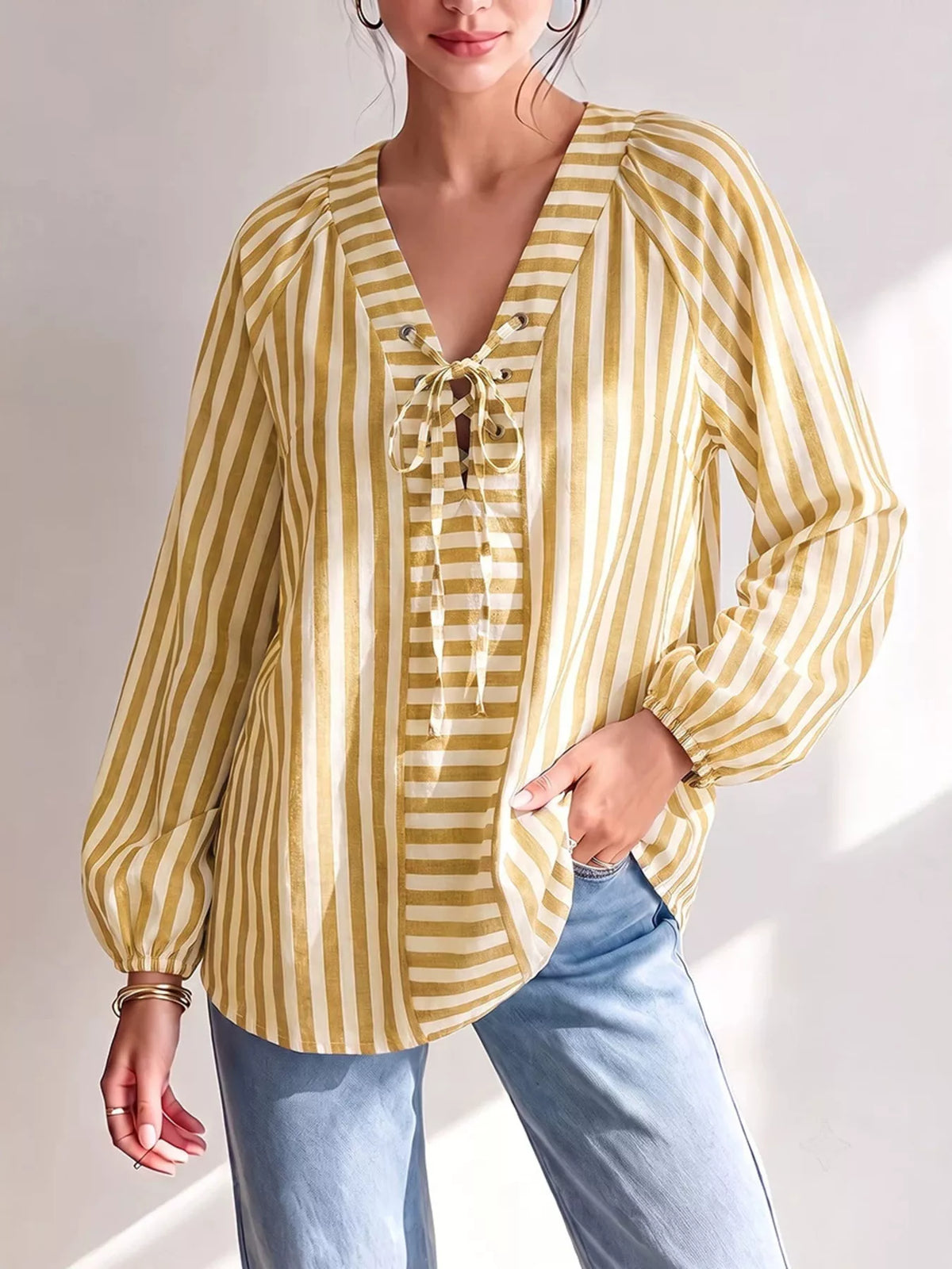 Striped Tie Front Long Sleeve Blouse