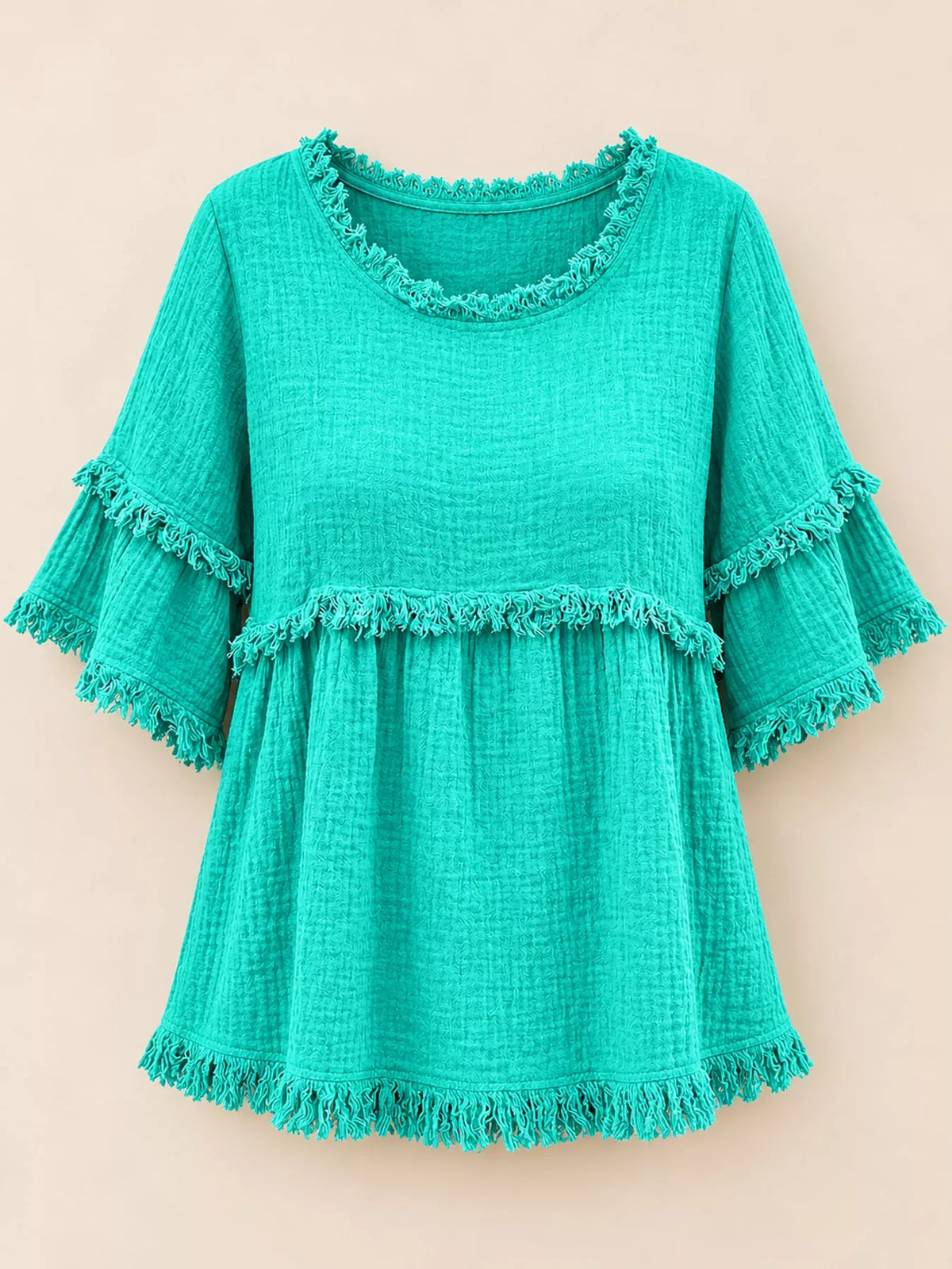 Full Size Frayed Edge Textured Blouse Plus Size