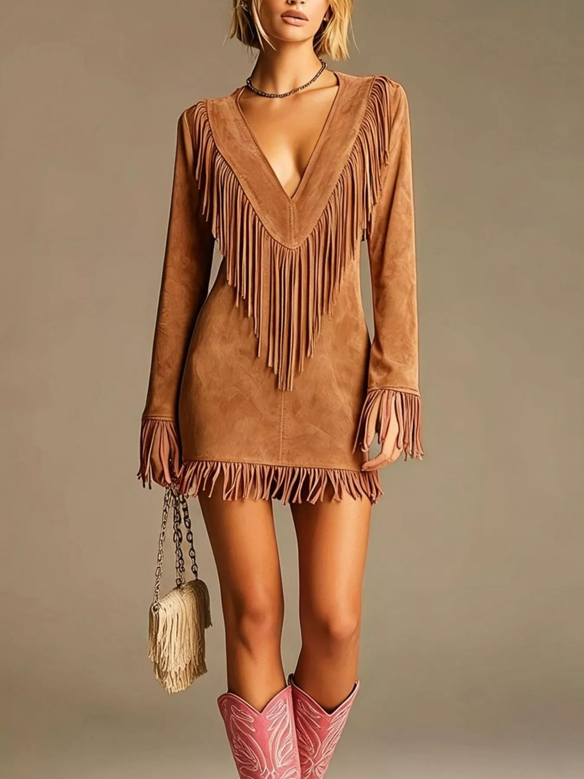 Boho Chic Fringed Suede V-Neck Mini Dress
