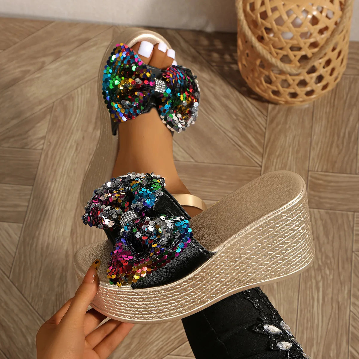 Sequin Open Toe Platform Sandals